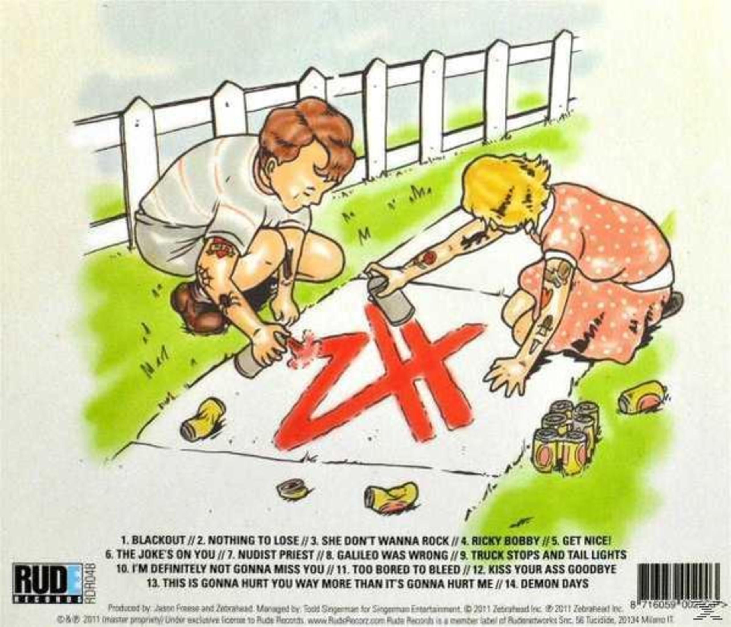 Cartoonalbumhoes met twee kinderen die een rood logo schilderen op een stoep met een wit hek.