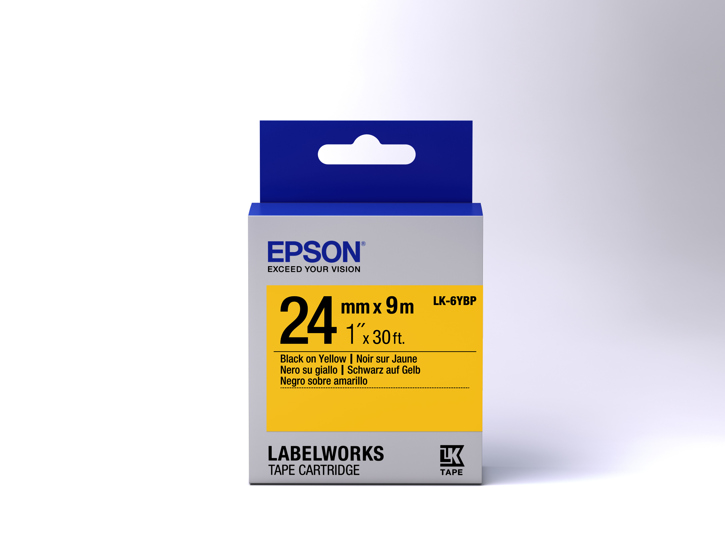 Epson LK-6YBP Etikettenbandkassette, schwarz auf gelb, Text in mehreren Sprachen.