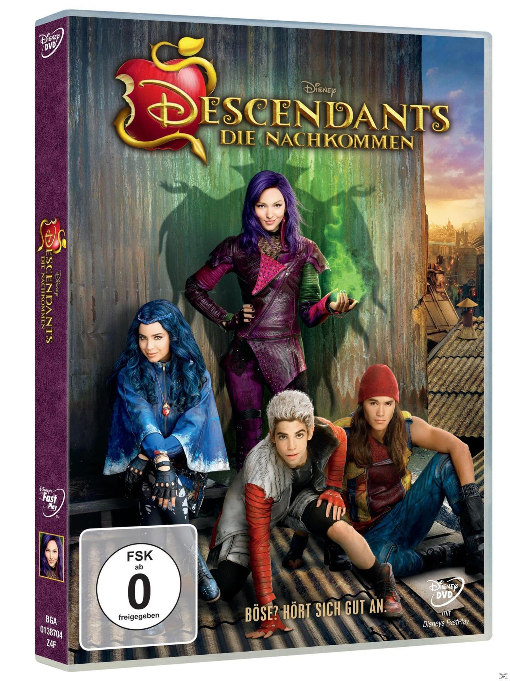 DVD-Cover mit vier Personen und Text "Descendants Die Nachkommen" auf grünem Hintergrund.
