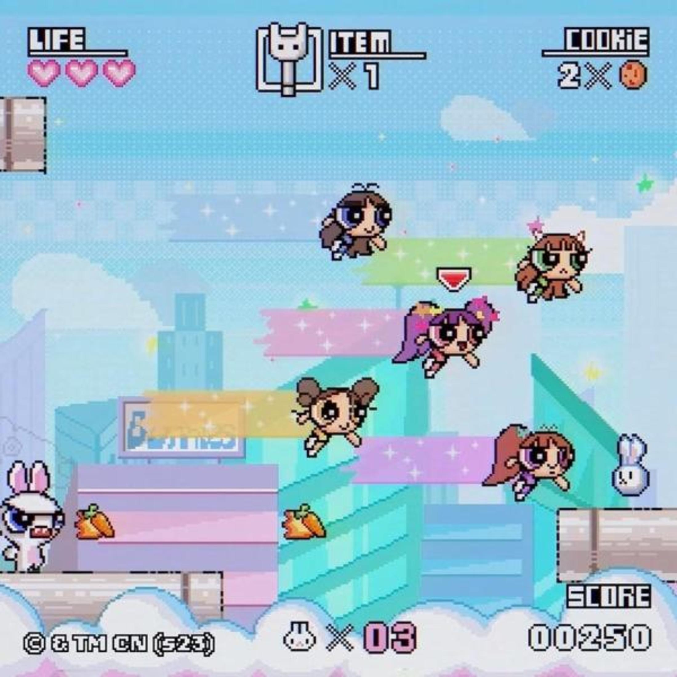 Una scena pixelata di un videogioco con personaggi colorati e uno sfondo luminoso simile a un cartone animato.