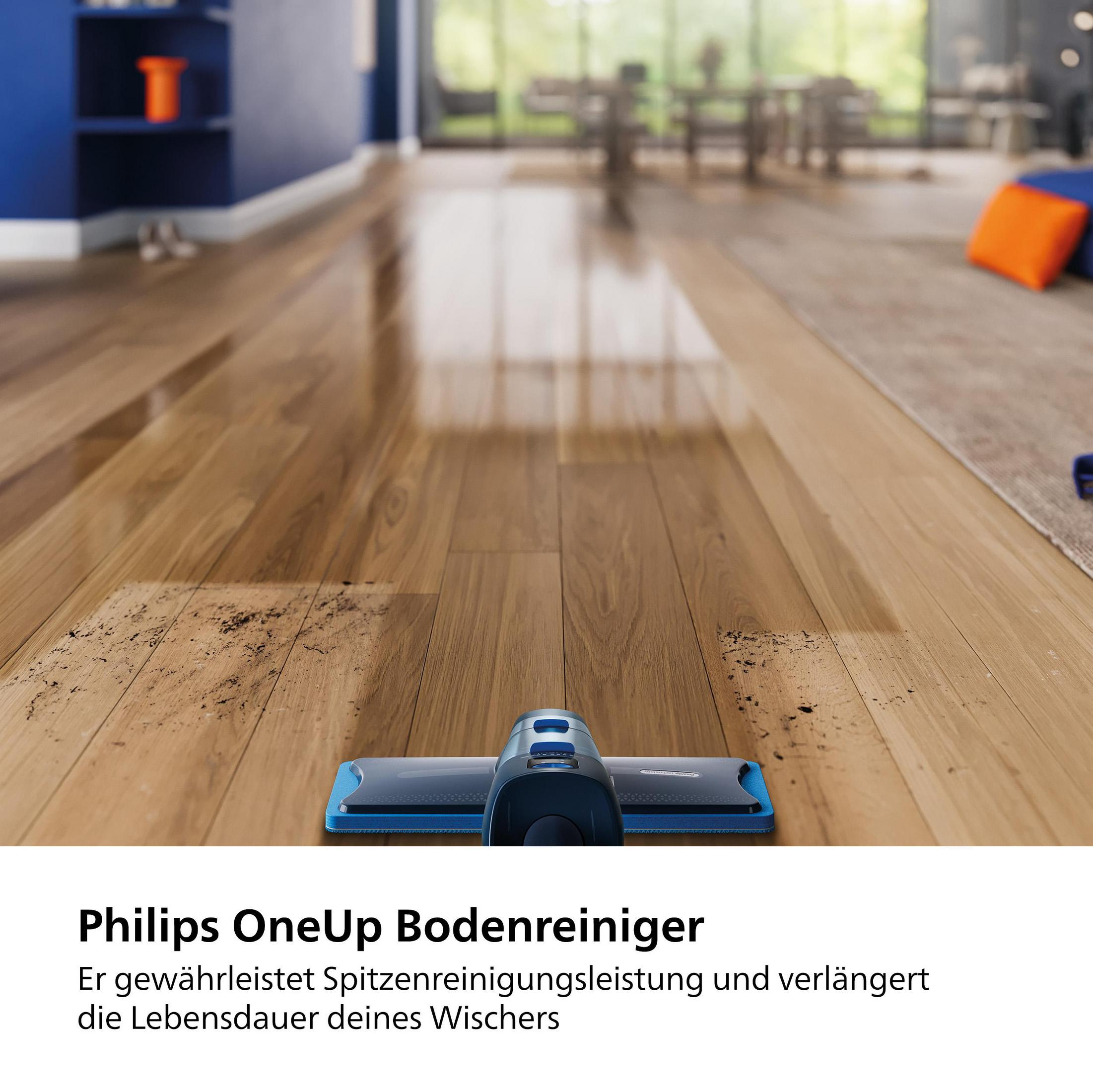 Un detergente per pavimenti Philips OneUp è mostrato su un pavimento in legno, con una sovrapposizione di testo che promuove le sue prestazioni di pulizia.