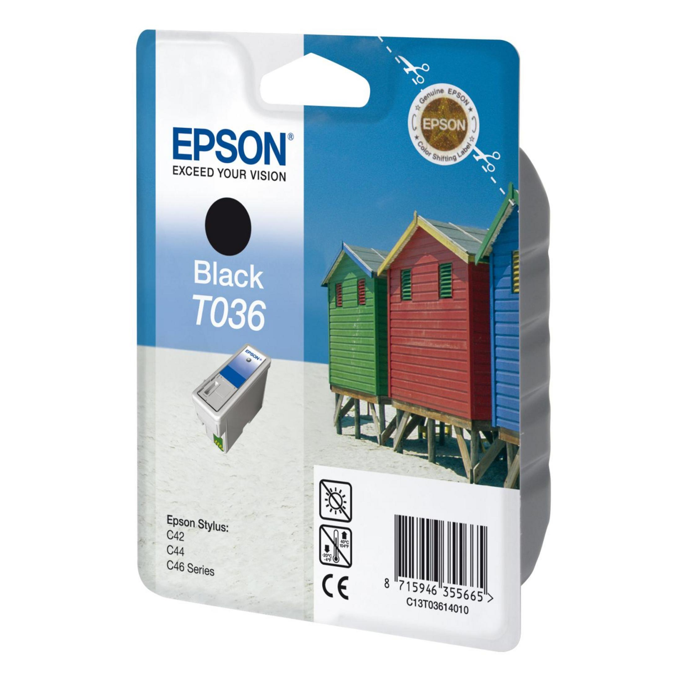 Epson Schwarz-Tintenpatronenverpackung mit bunten Strandhütten im Hintergrund.
