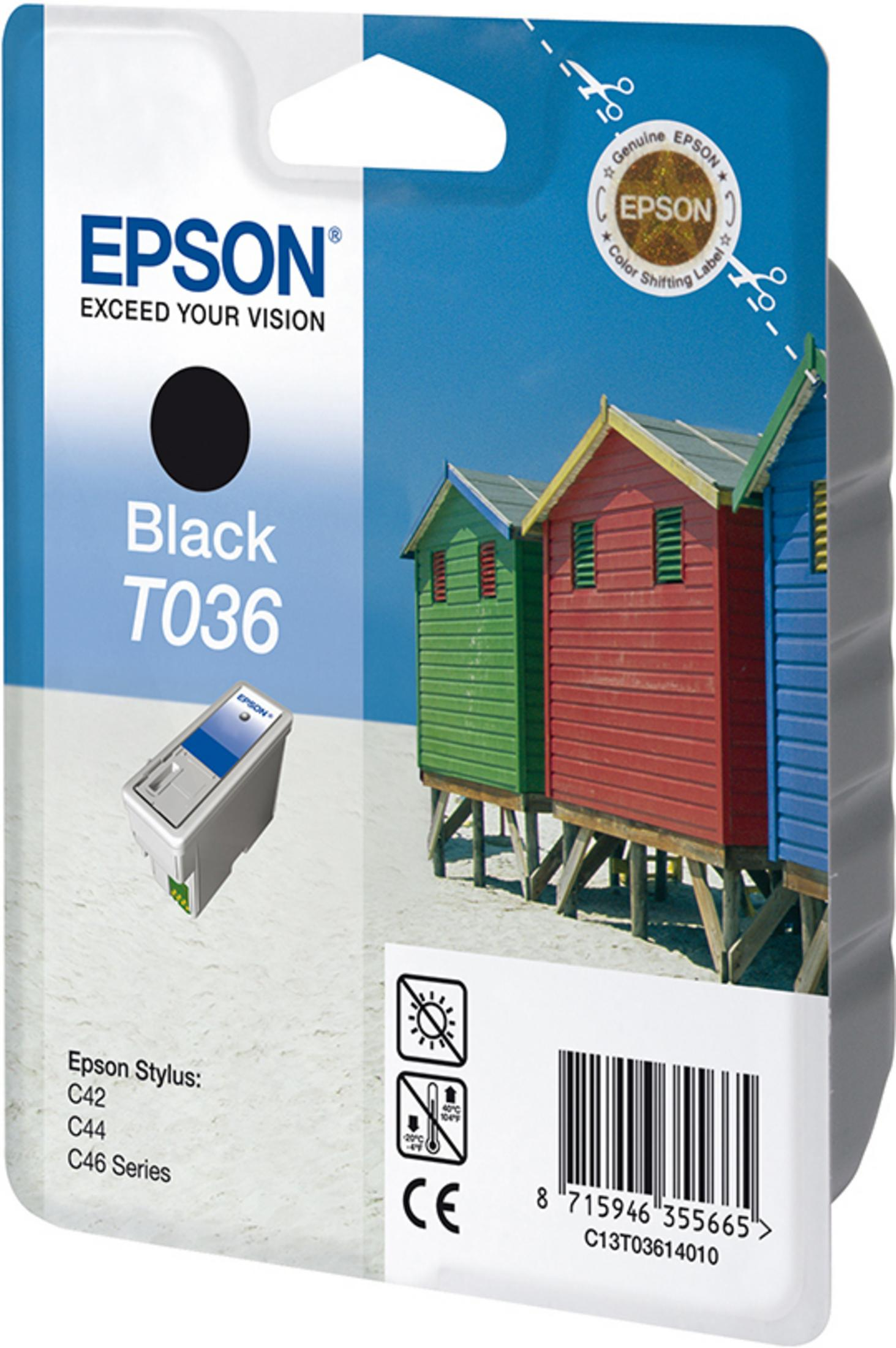 Epson Schwarz-Tintenpatronenverpackung mit bunten Strandhütten im Hintergrund.