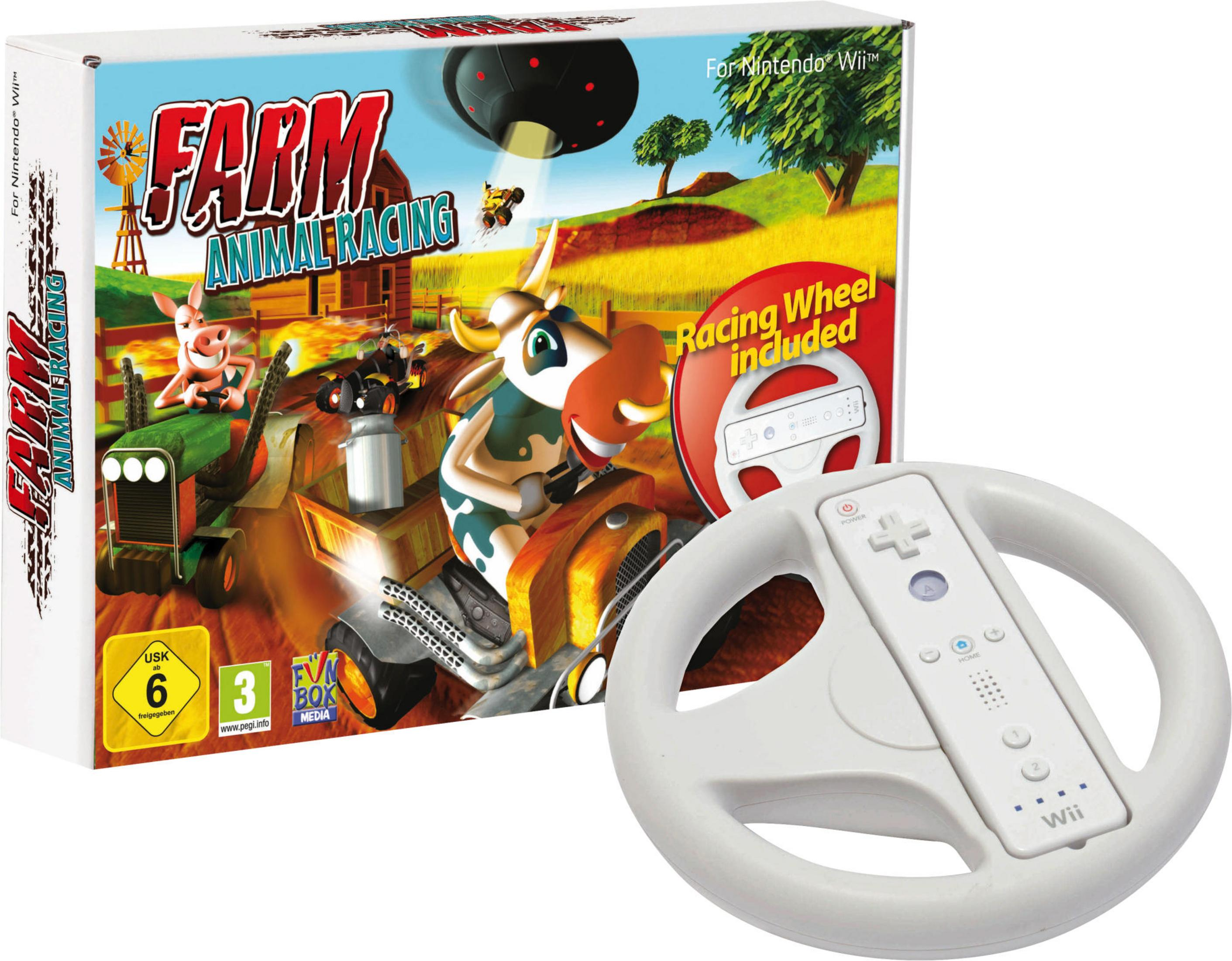 Das Spiel Farm Animal Racing für Nintendo Wii mit Box-Art und einem weißen Lenkrad-Controller.