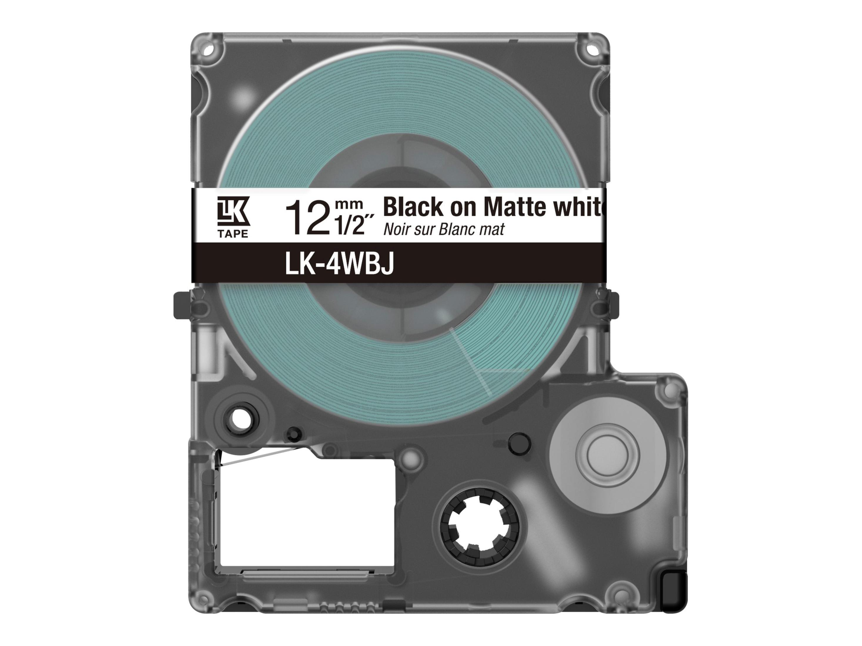 Eine durchsichtige Bandkassette mit blauem Band im Inneren, beschriftet mit "12 1/2 mm Schwarz auf Mattweiß", wird angezeigt.