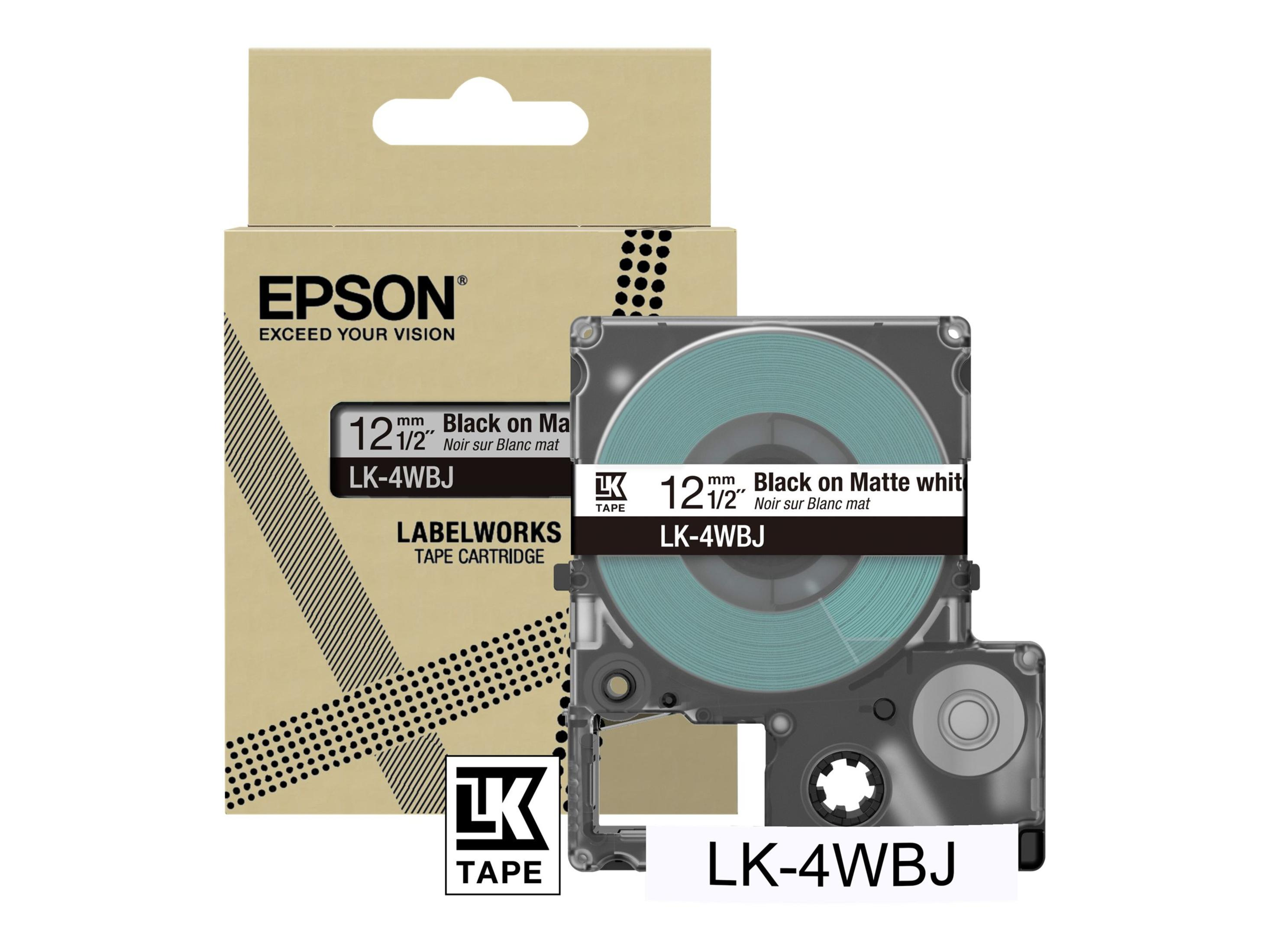 Eine Epson LabelWorks-Bandkassette mit schwarzem Text auf mattweißem Band.