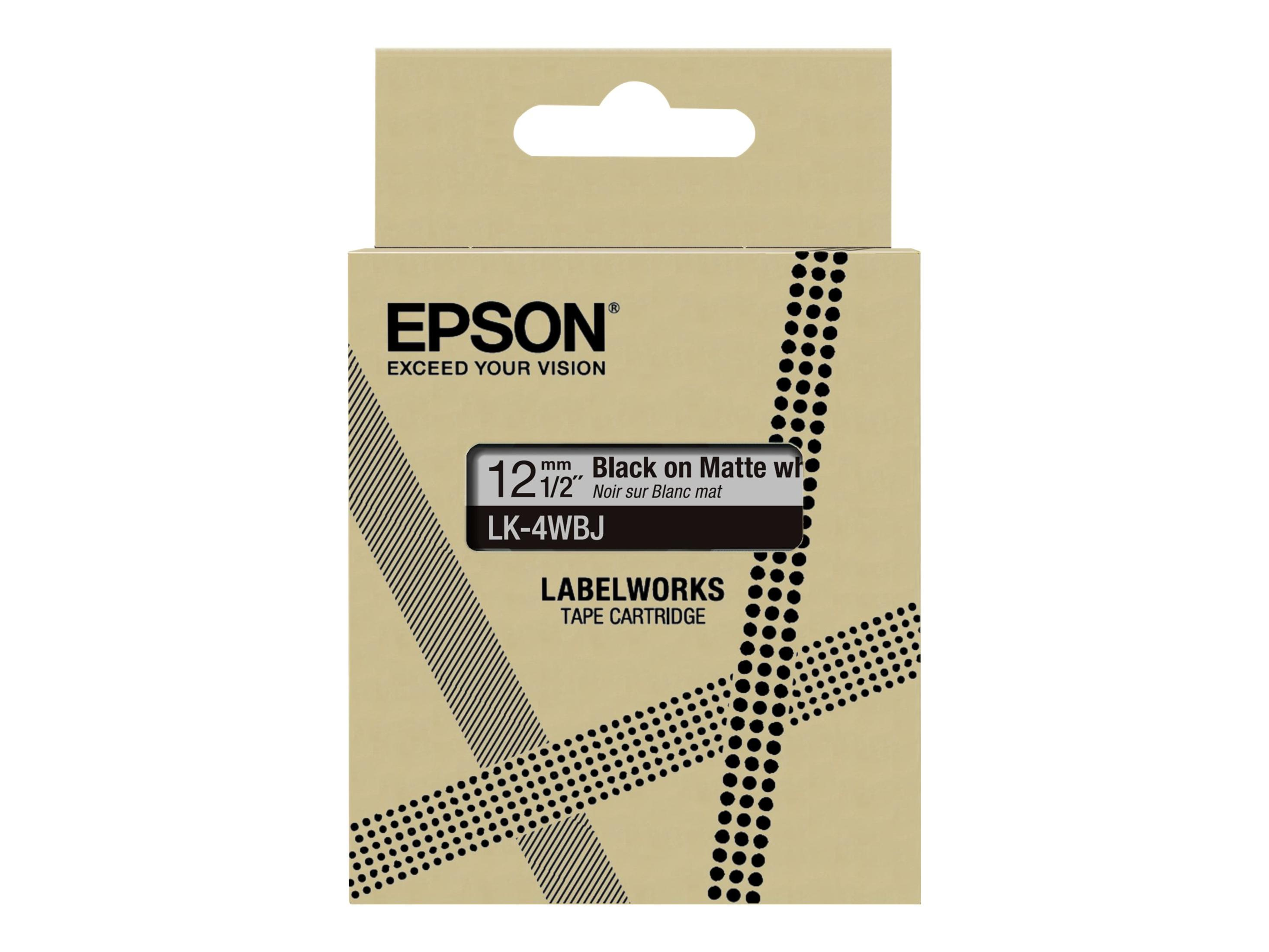 Eine Epson LabelWorks-Bandkassettenbox mit schwarzem Text auf einem mattweißen Etikett.