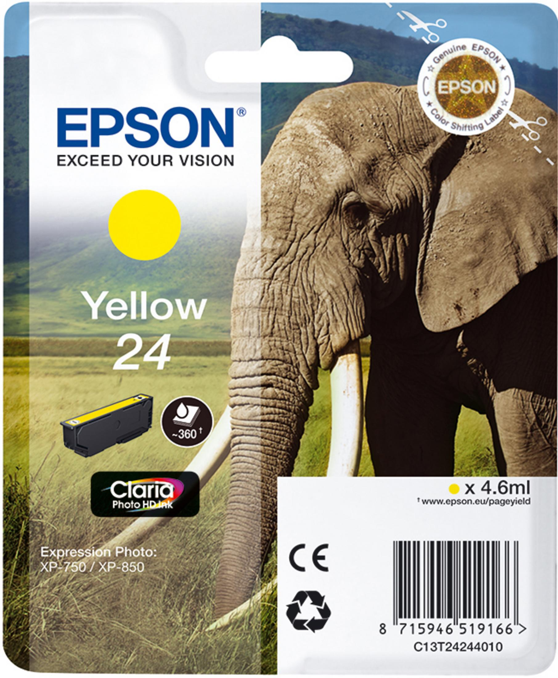 Wkład atramentowy Epson yellow 24 z obrazem słonia na opakowaniu.