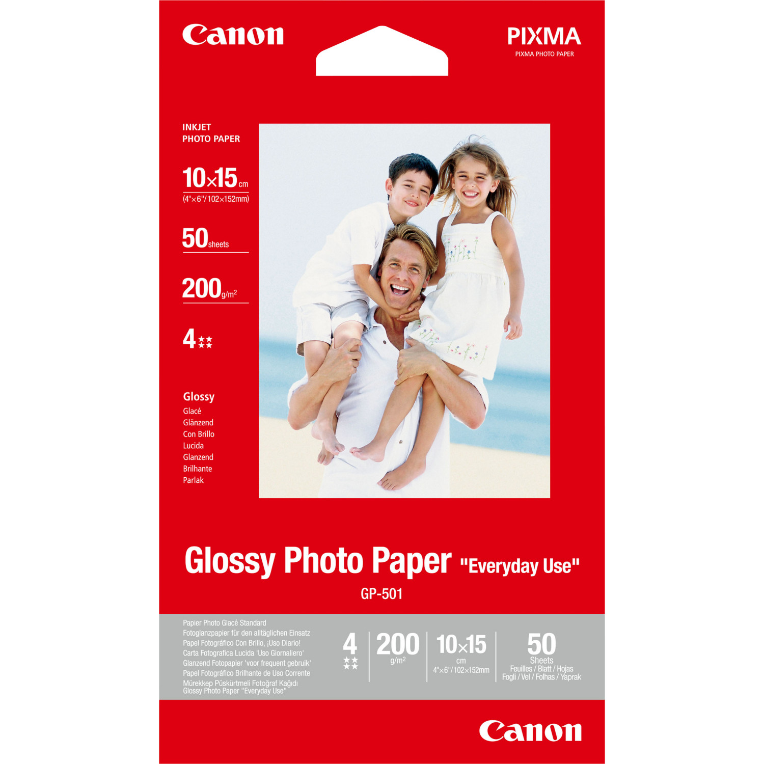 Canon Glossy-Fotopapierverpackung mit einem Familienfoto mit zwei Kindern und einem Mann auf rotem Hintergrund.