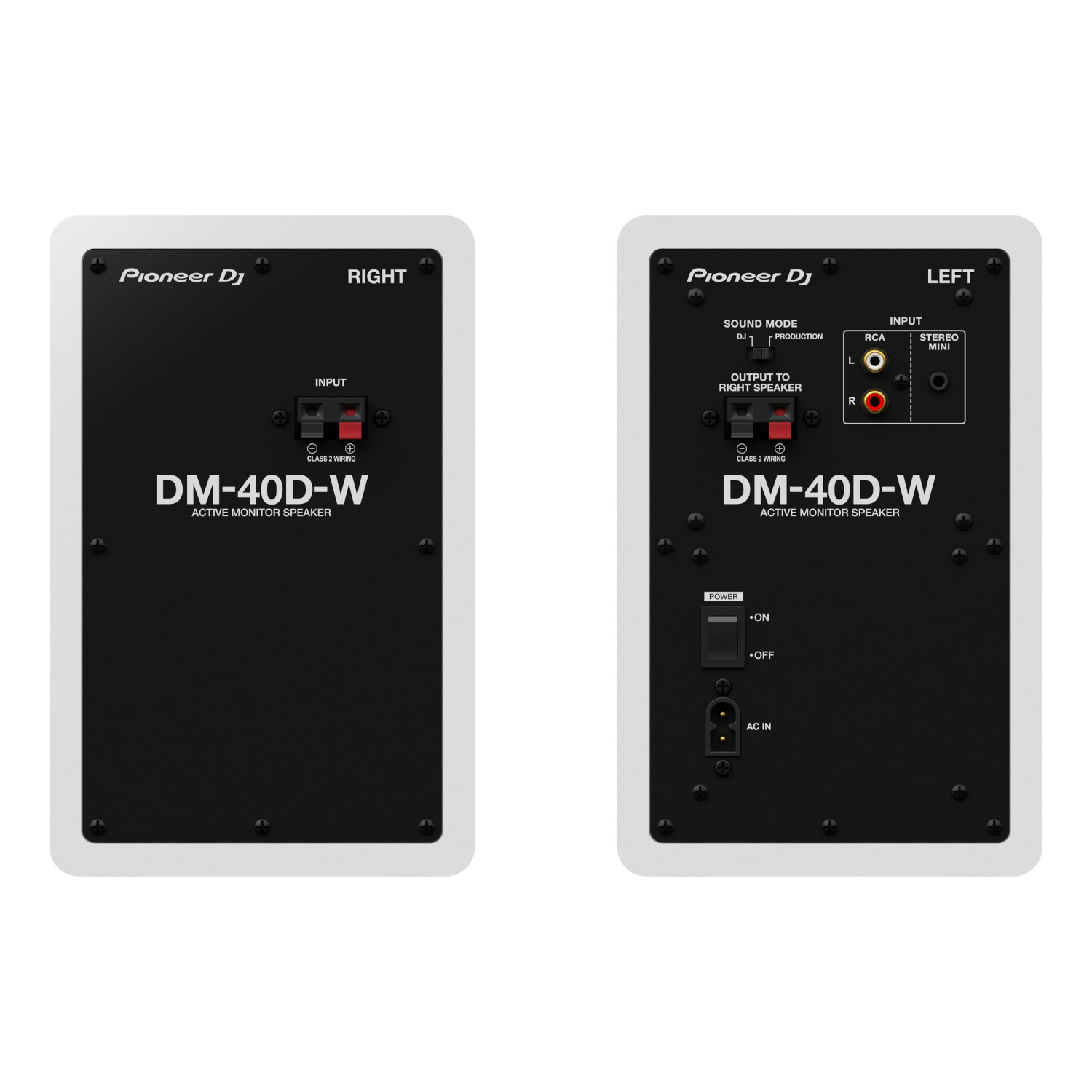 Pannelli posteriori di due altoparlanti monitor attivi Pioneer DJ DM-40D-W, che mostrano ingressi e controlli.
