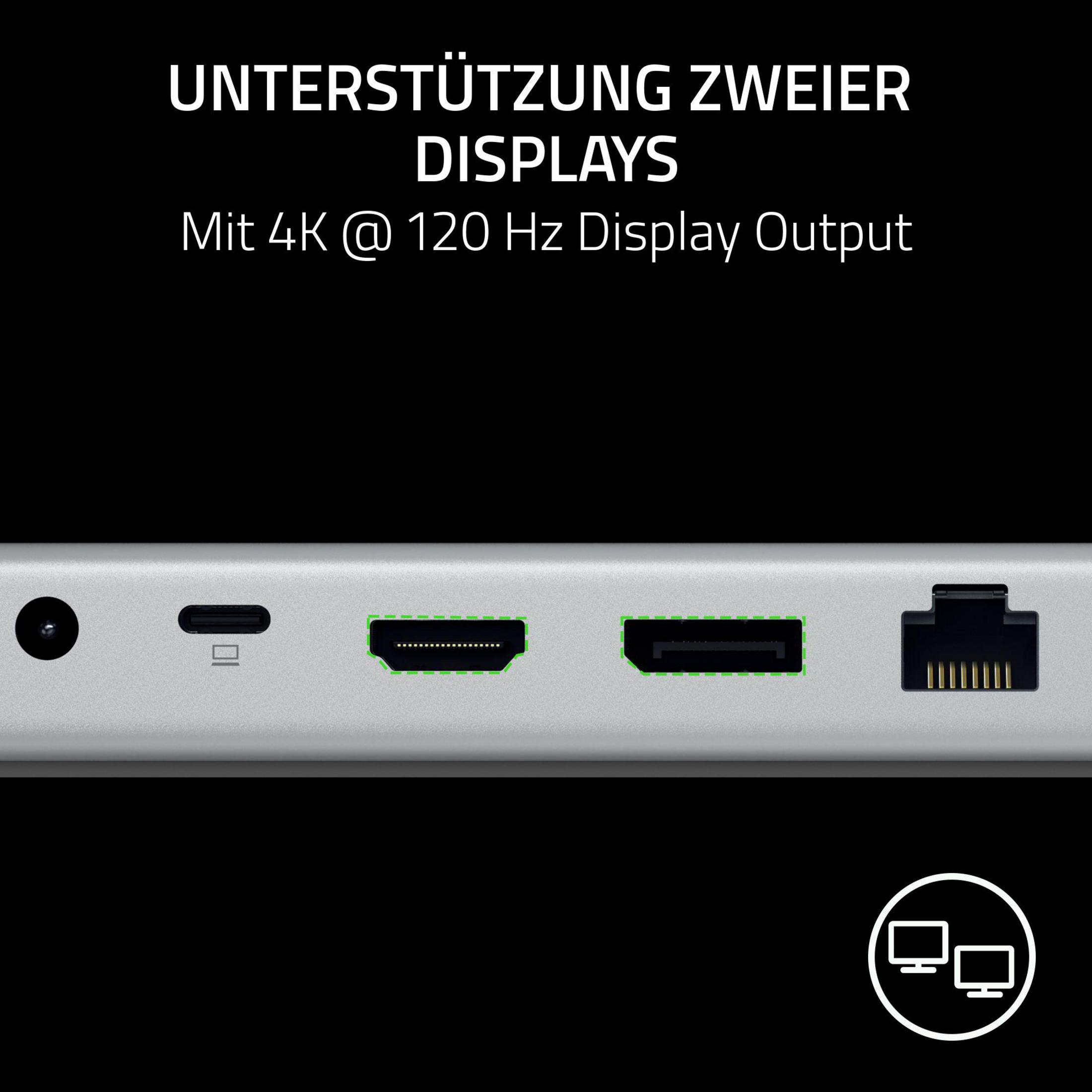Nahaufnahme einer silbernen Dockingstation mit mehreren Anschlüssen, darunter HDMI, Ethernet und USB, auf schwarzem Hintergrund.