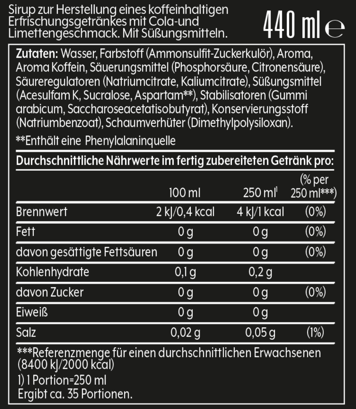 Nahaufnahme eines Produktetiketts auf Deutsch, das Zutaten und Nährwertangaben für einen Getränkesirup enthält.