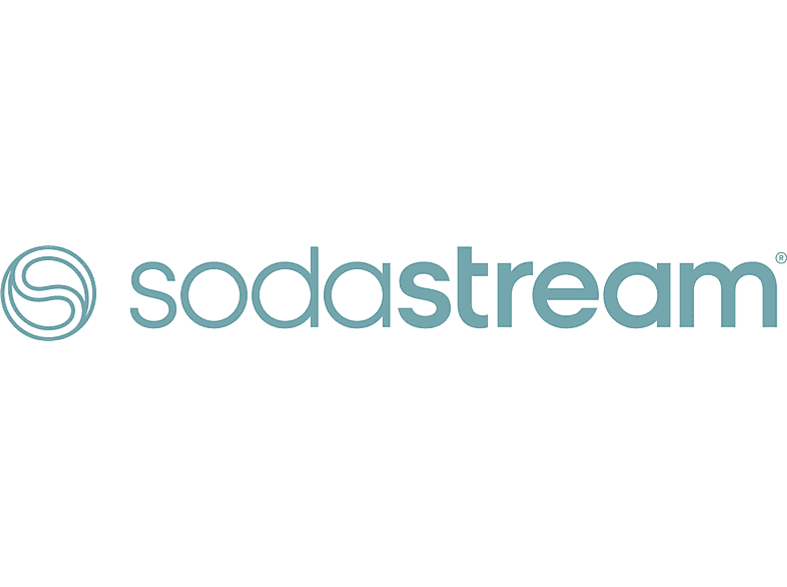 Die Wörter „sodastream“ sind blau auf einem weißen Rechteck über einem schwarzen Hintergrund geschrieben.