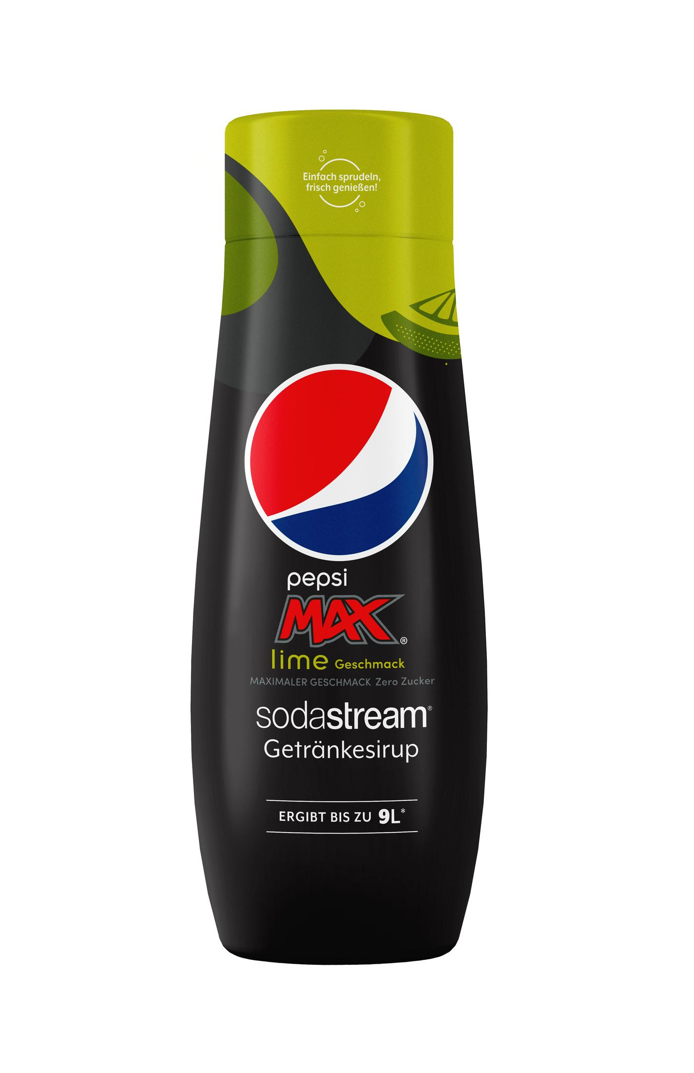 Eine Flasche Pepsi Max Lime SodaStream Sirup mit grünen Akzenten ist abgebildet.