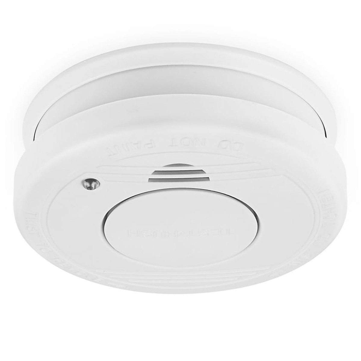 Un rilevatore di fumo rotondo bianco con pulsante di prova e spia luminosa.