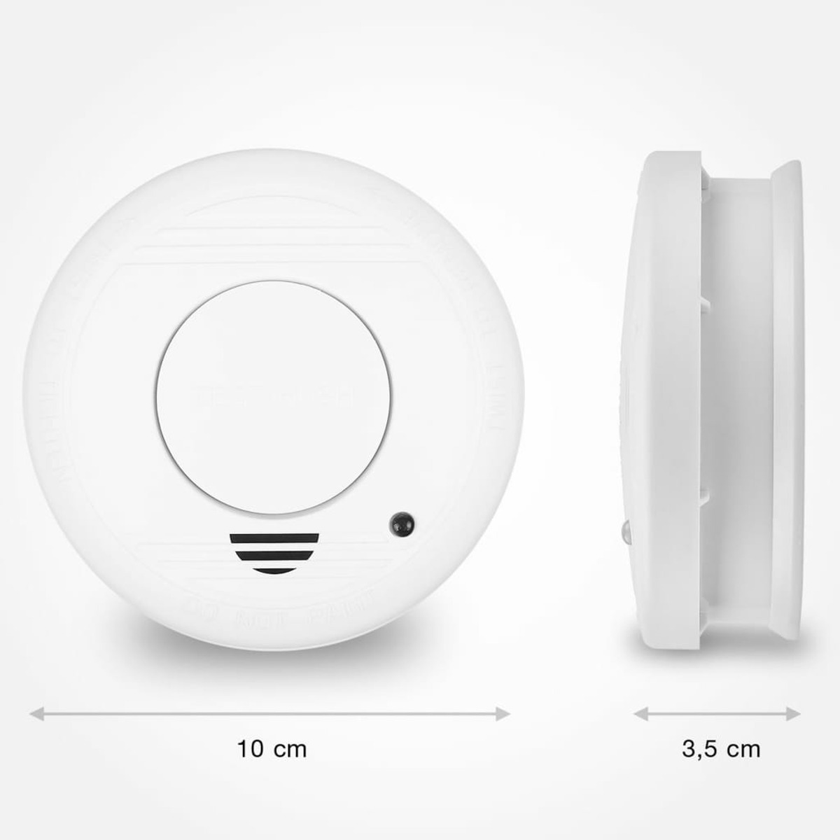 Rilevatore di fumo rotondo bianco con dimensioni: 10 cm di diametro e 3,5 cm di altezza.