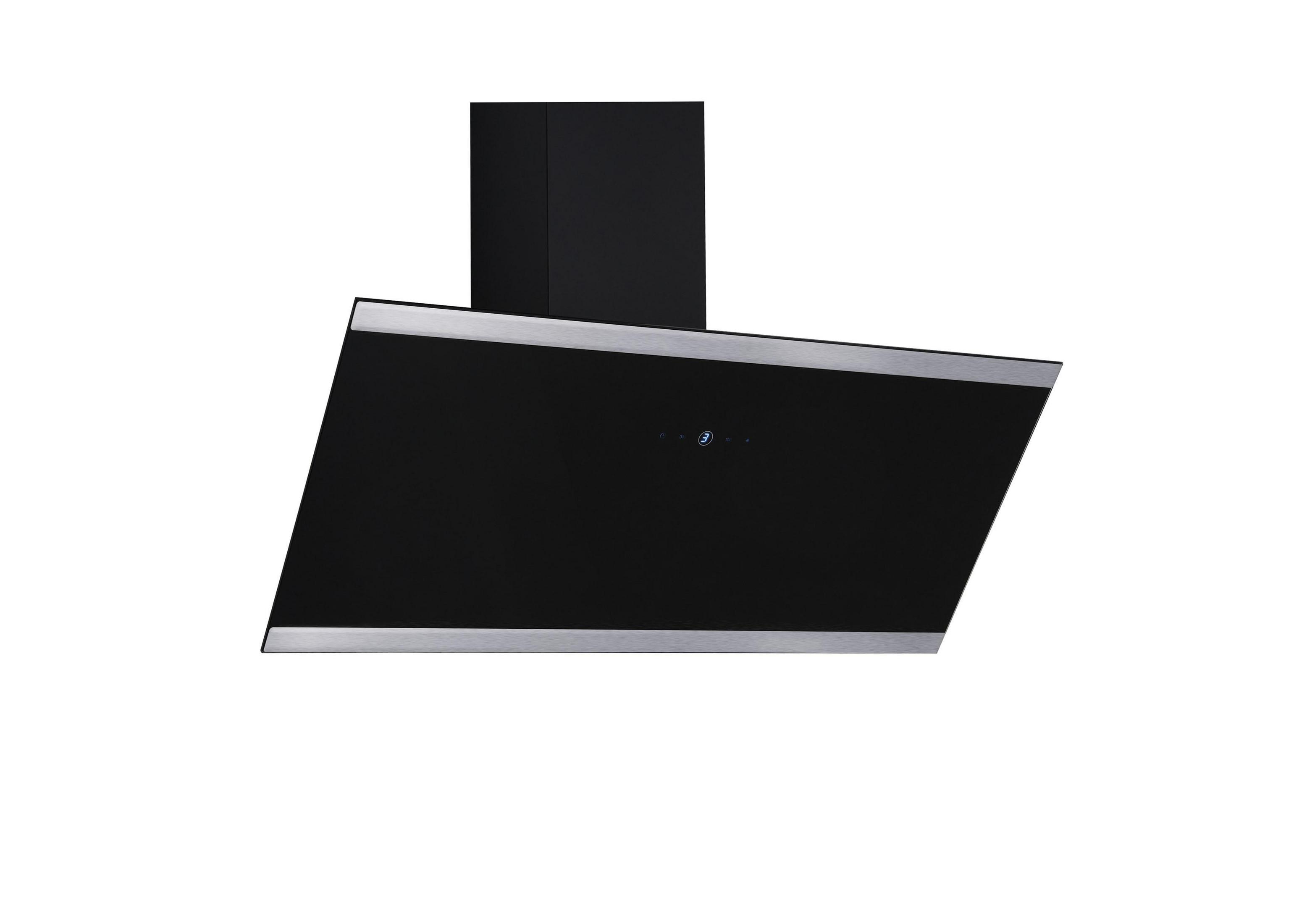 Eine moderne, schwarze Küchenabzugshaube mit Edelstahlakzenten vor einem weißen Hintergrund.
