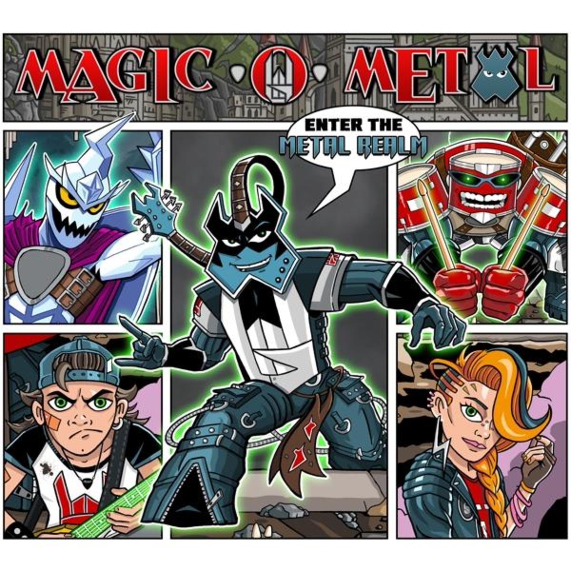 Stripboekcover met personages met een metalthema, tekst "ENTER THE METAL REALM" en levendige kleuren.