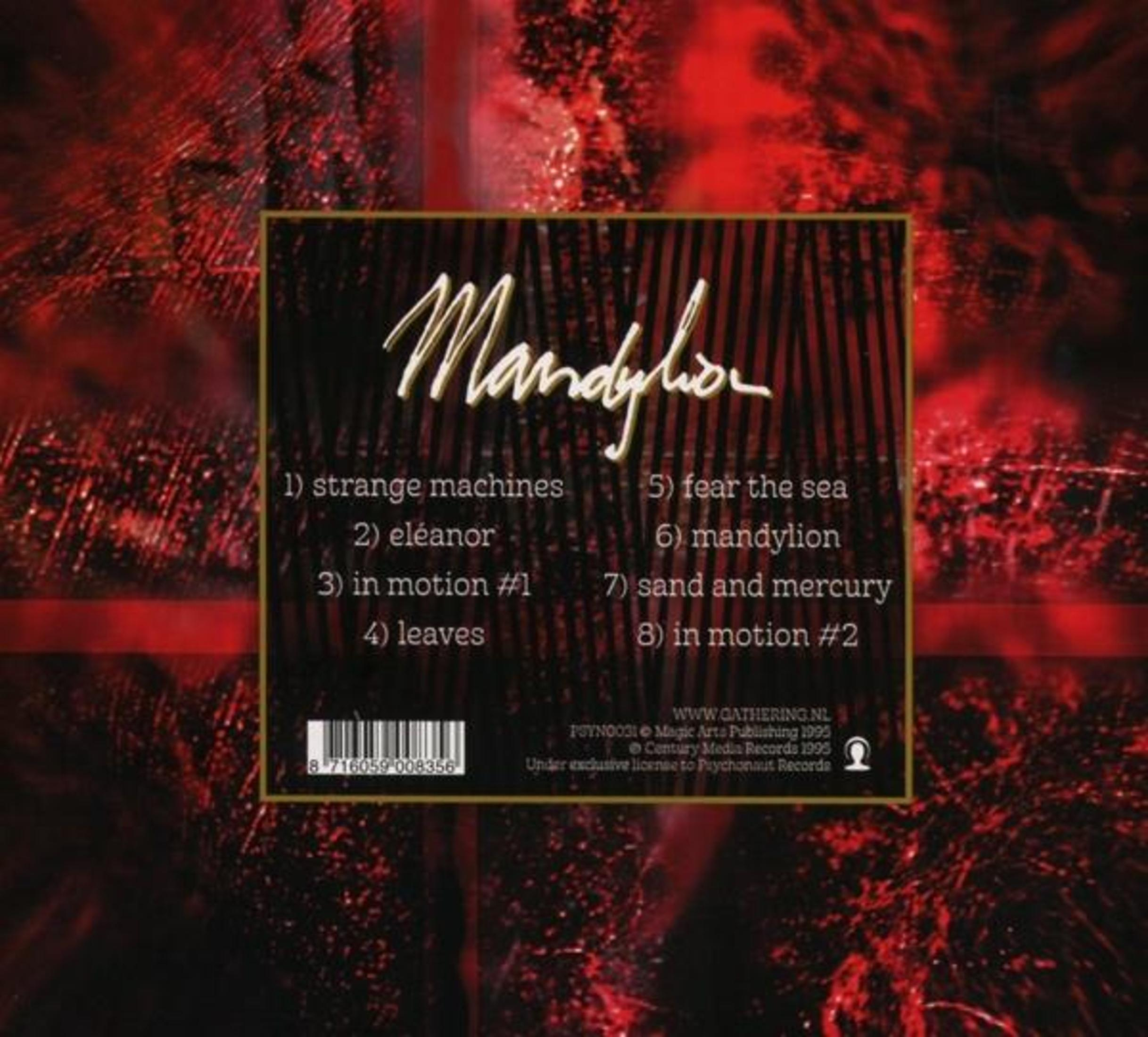 De albumhoes toont de bandnaam "Mandylion" en songtitels op een rode achtergrond met een getextureerd ontwerp.