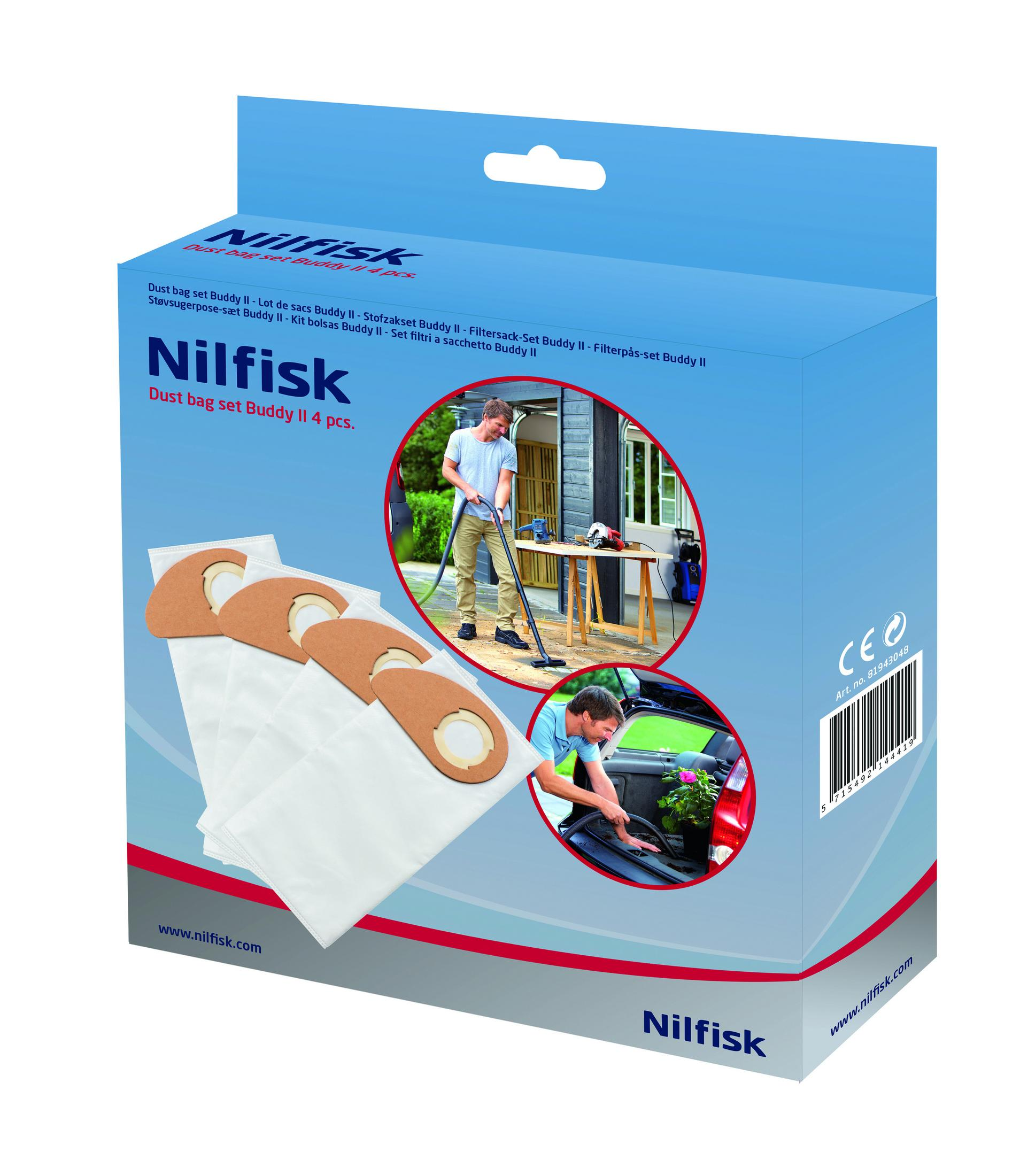 Nilfisk Staubbeutel Set Buddy II Box mit Staubsaugerbeuteln und Bildern der Verwendung des Produkts.