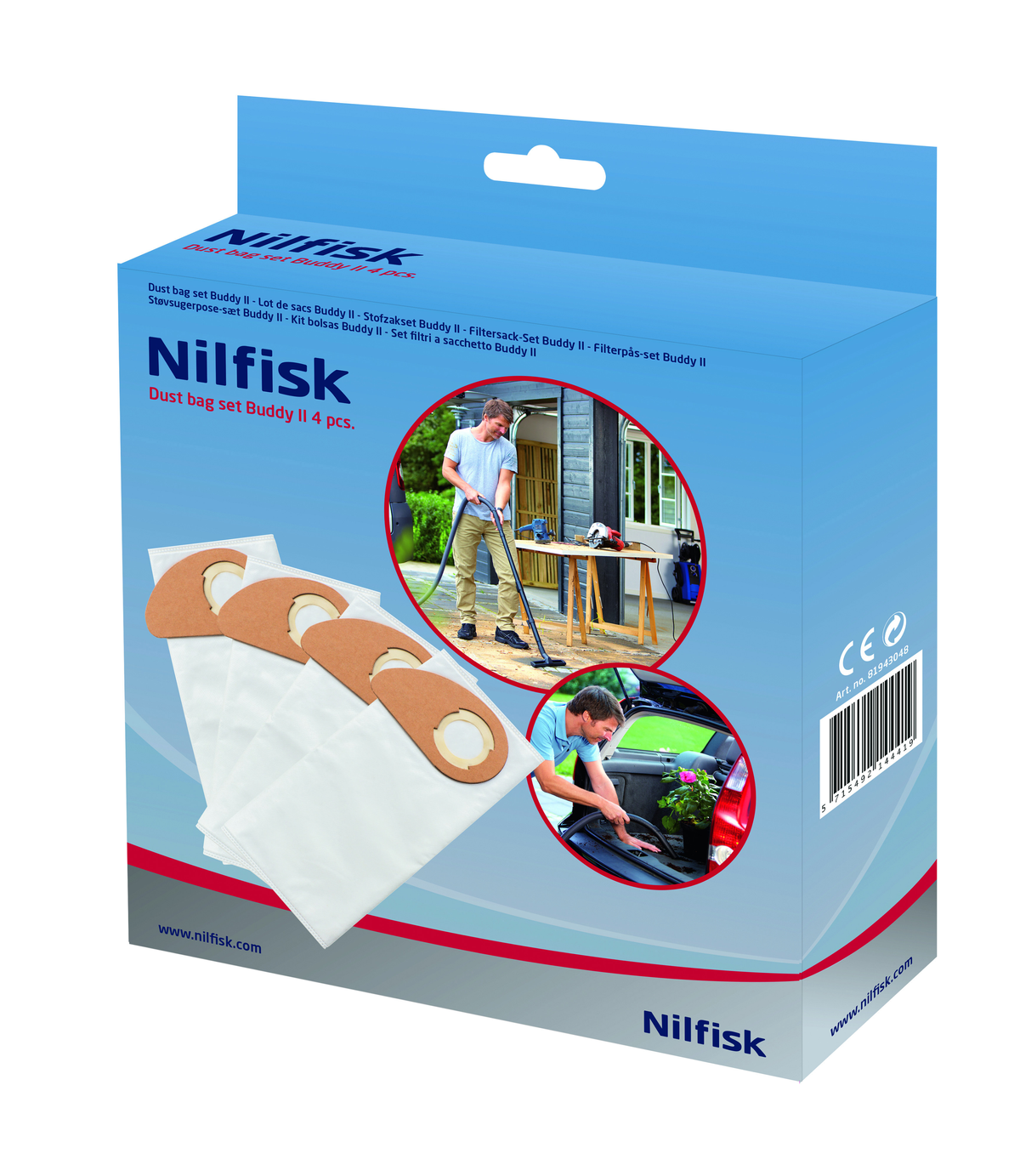 Eine blaue Nilfisk-Box zeigt einen Mann beim Staubsaugen und Staubbeutel.