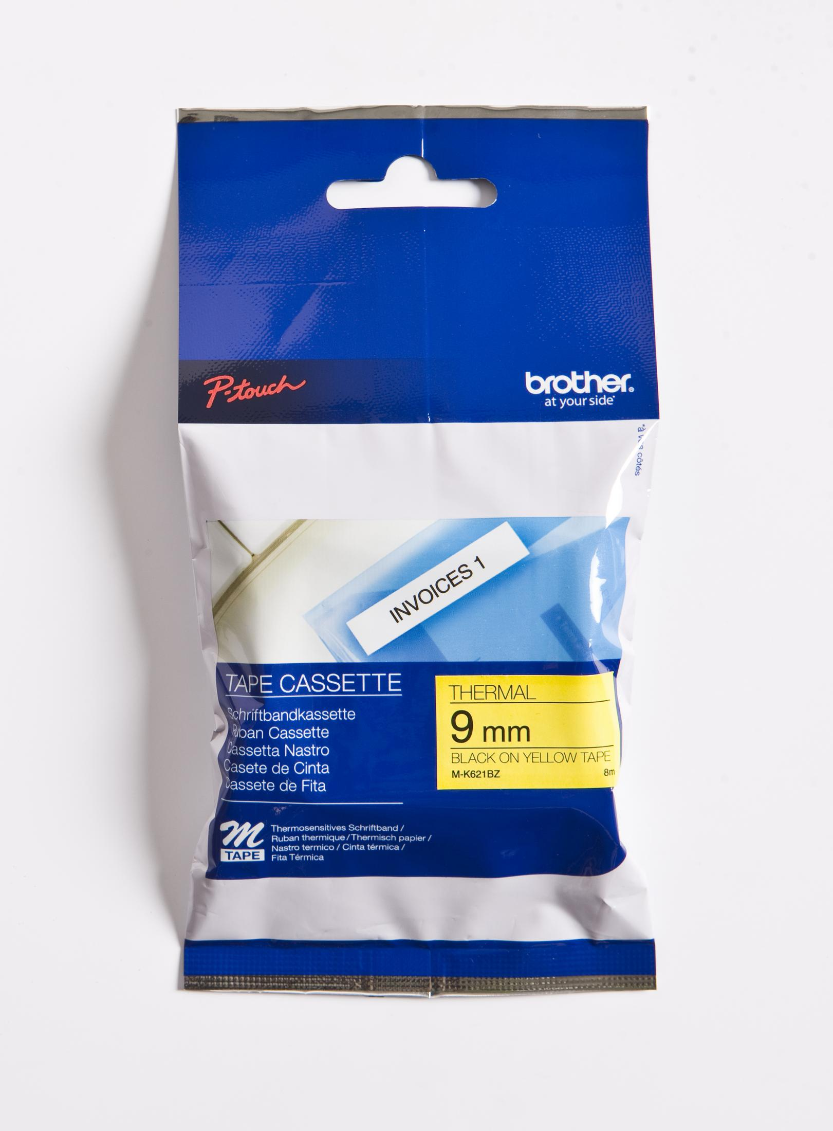 Cassetta nastro per etichette Brother P-Touch in confezione blu e bianca, termica 9 mm.