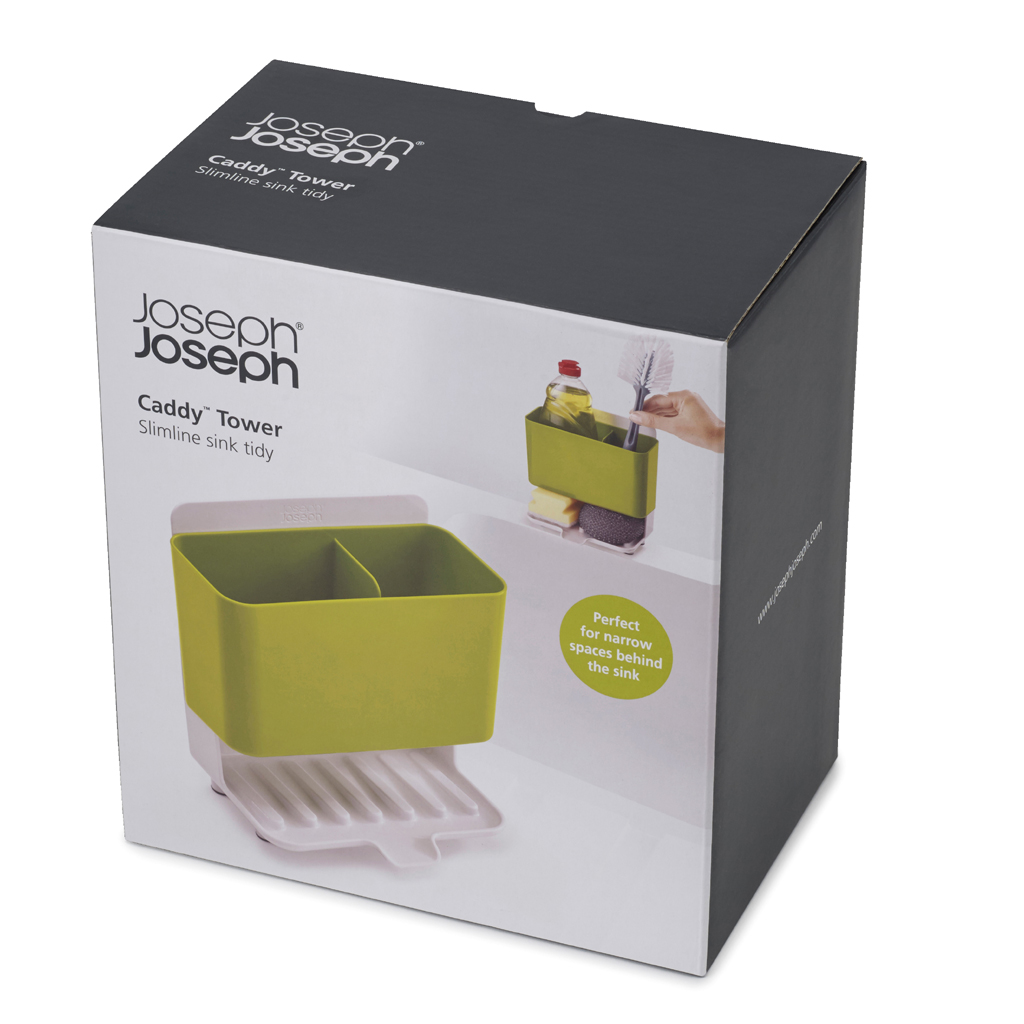 Eine Caddy Tower Slimline Spülbecken-Ordnungsbox mit einem grünen und weißen Caddy darin.