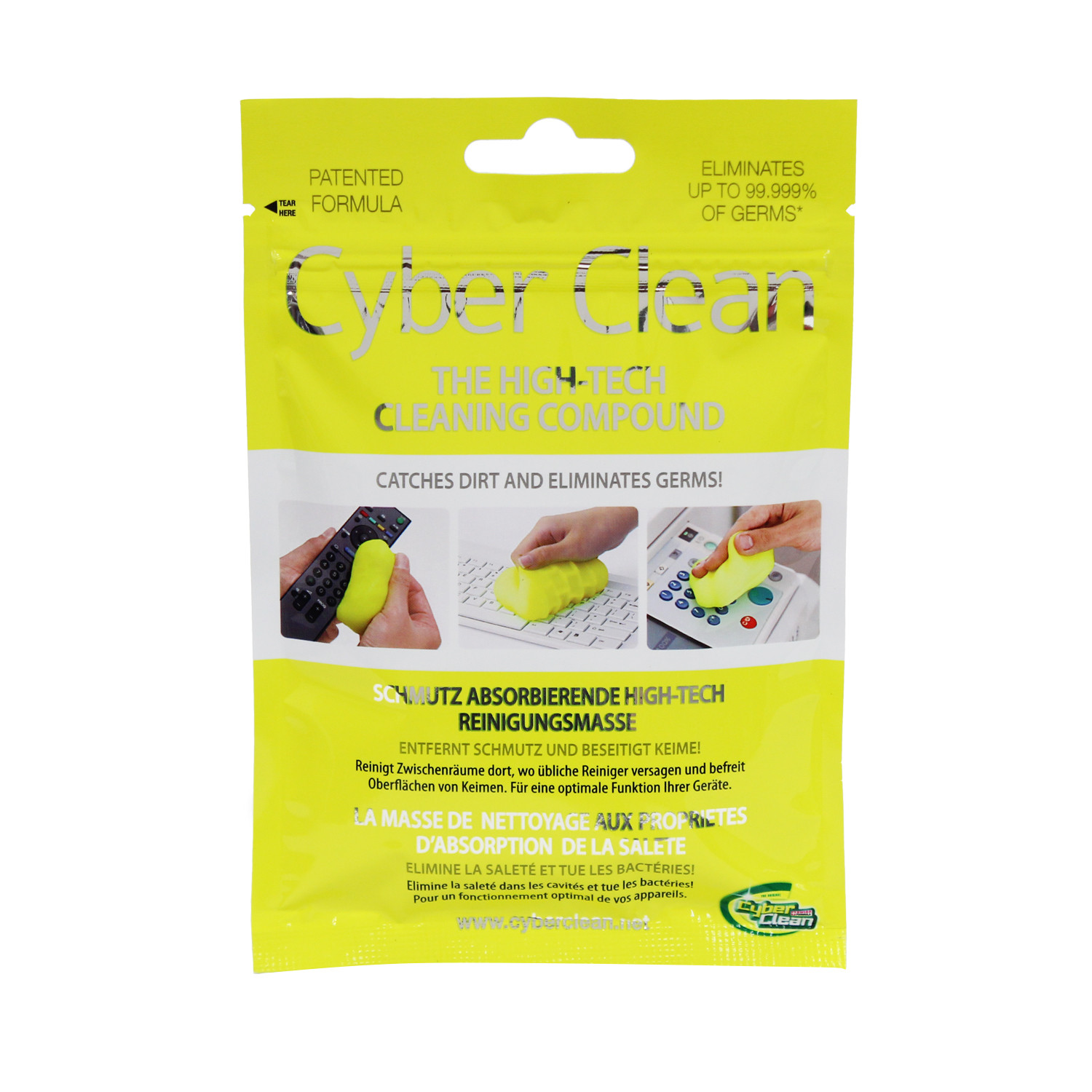 Eine gelbe Cyber Clean-Verpackung wirbt für eine Hightech-Reinigungsmasse, die bis zu 99,999 % der Keime beseitigt.