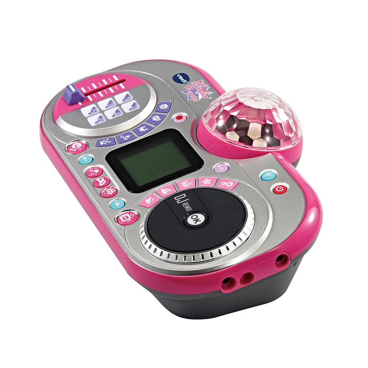 Pink-silberner DJ-Mixer mit Discokugel, Knöpfen, Bildschirm und Plattenspieler, schräg auf weißem Hintergrund.