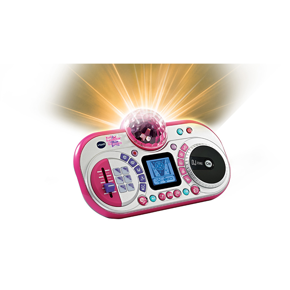 Pink-silberner DJ-Mixer mit Discokugel, Knöpfen, Bildschirm und Plattenspieler, mit einem Lichtblitz.