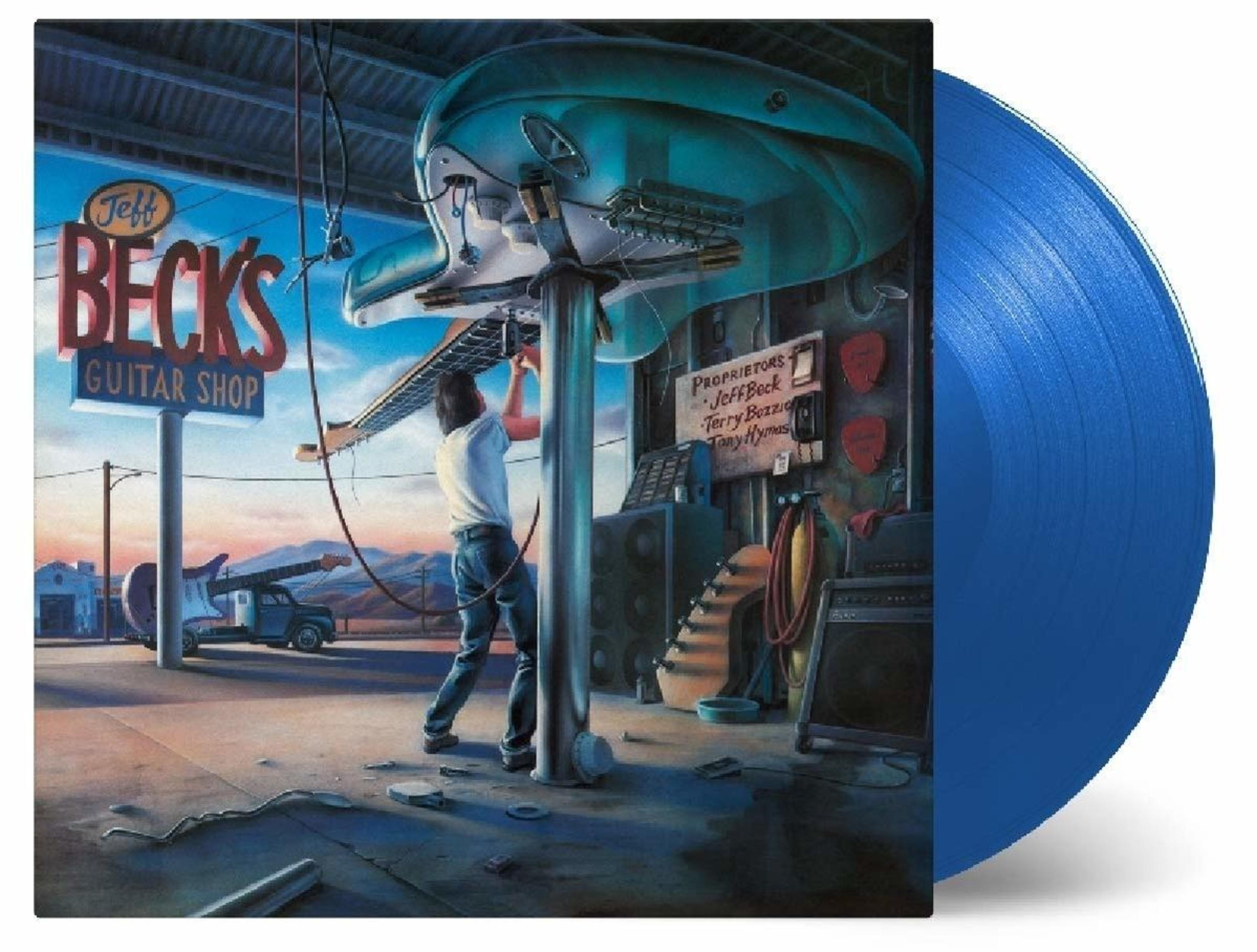 Albumcover mit einer Schallplatte, das einen Mann zeigt, der in einer Außenkulisse unter einem Ladenschild an einer Gitarre arbeitet.