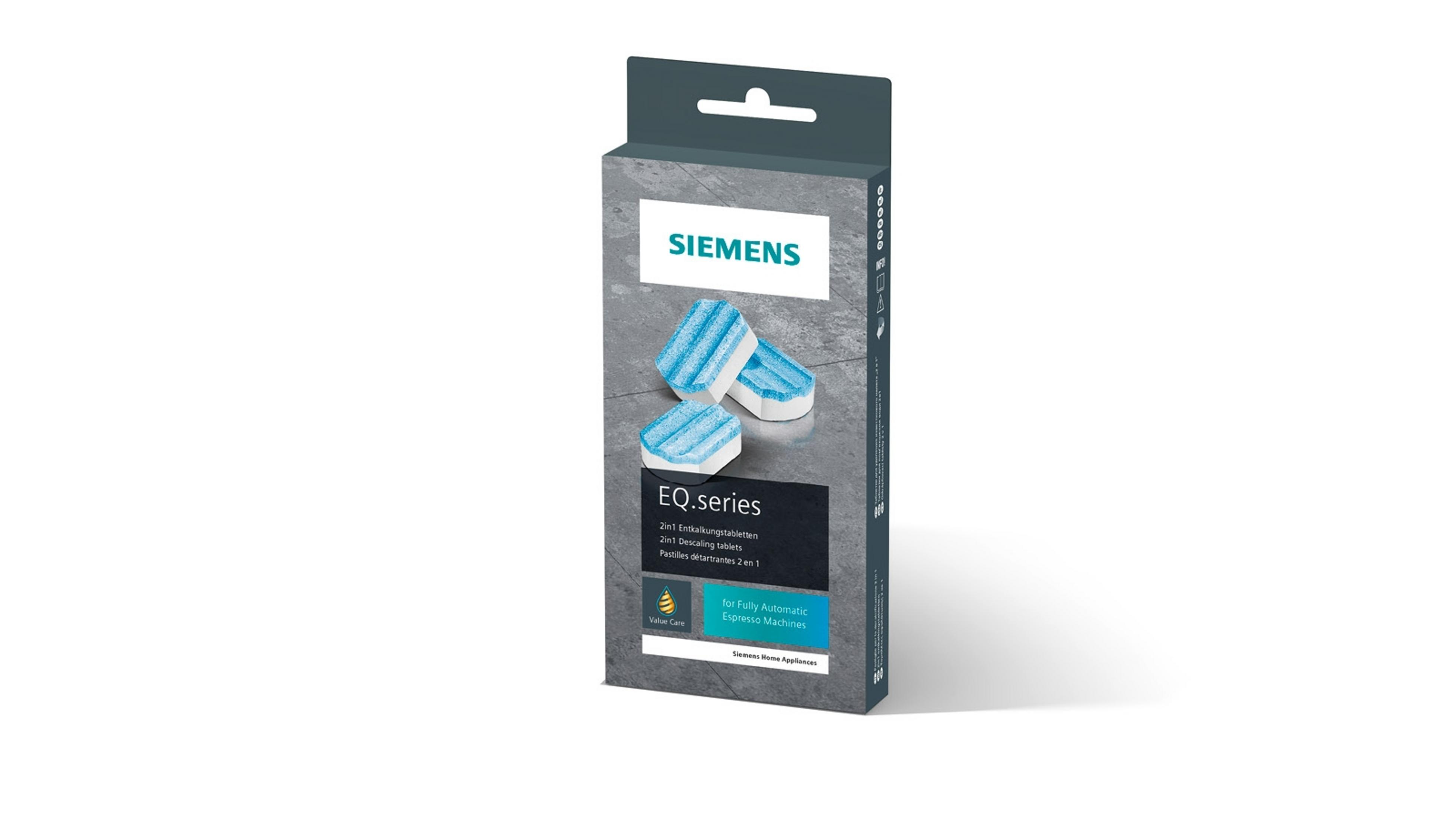 Scatola di compresse disincrostanti Siemens EQ Series su sfondo bianco con compresse sparse nelle vicinanze.