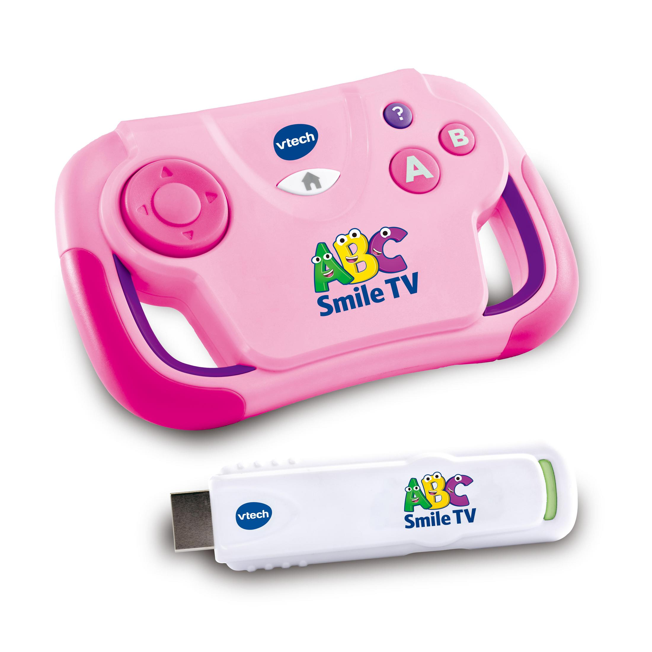 Rosa VTech ABC Smile TV-Controller und ein weißer USB-Dongle mit dem ABC Smile TV-Logo.