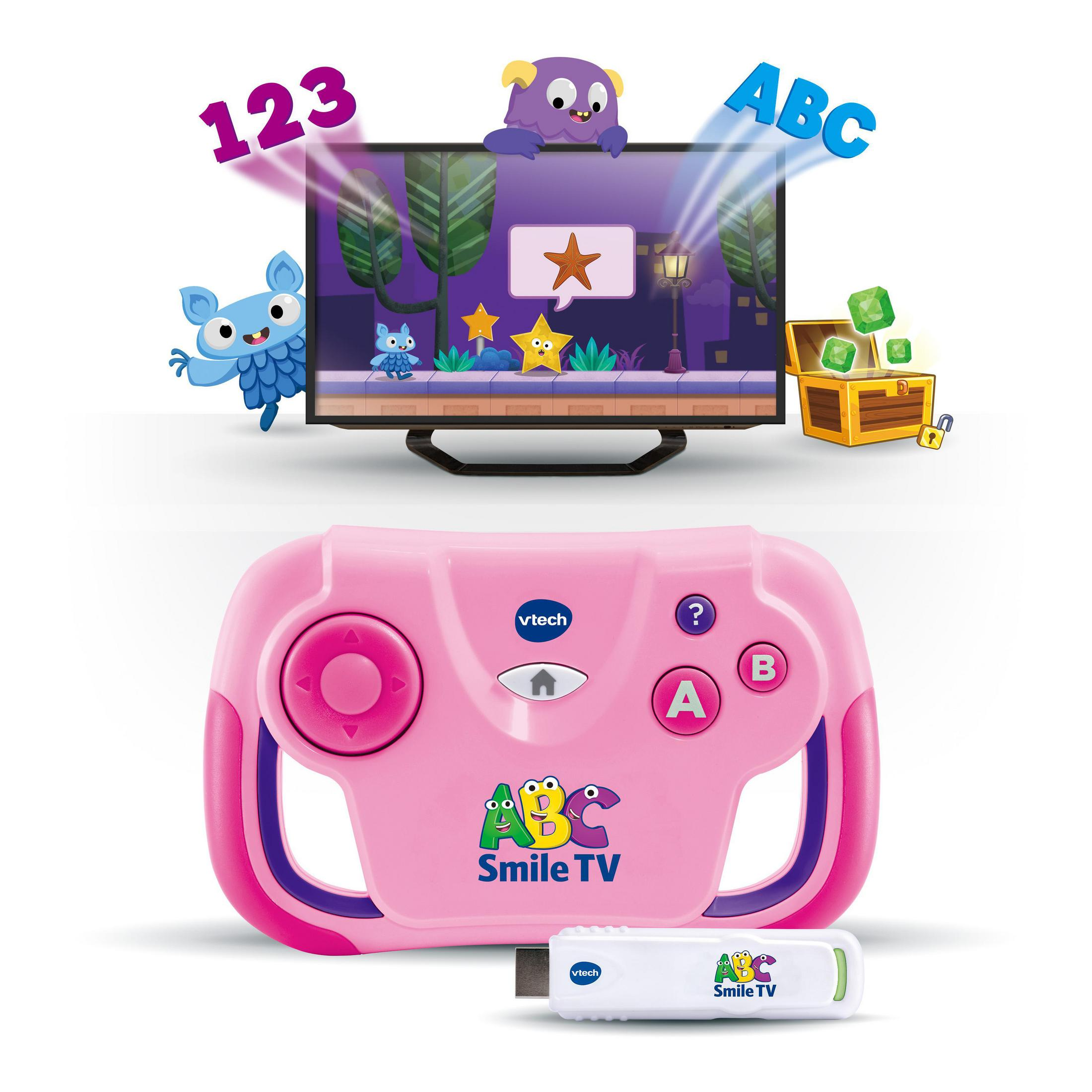 Rosa VTech ABC Smile TV-Controller, weißer USB-Dongle und ein Fernseher mit einem angezeigten Spiel.