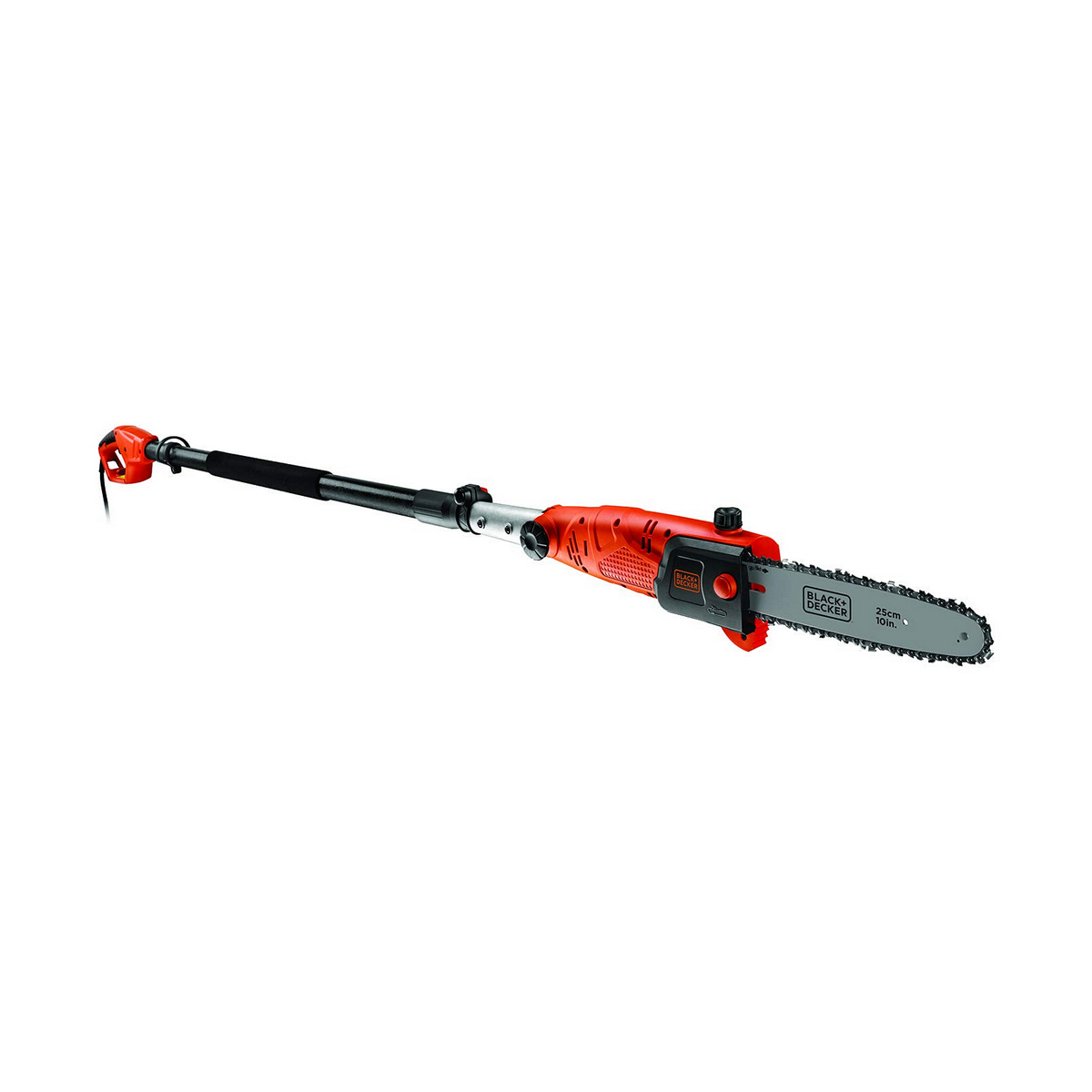 Pomarańczowo-czarna pilarka teleskopowa Black+Decker z ostrzem 25 cm, rozłożona poziomo na białym tle.