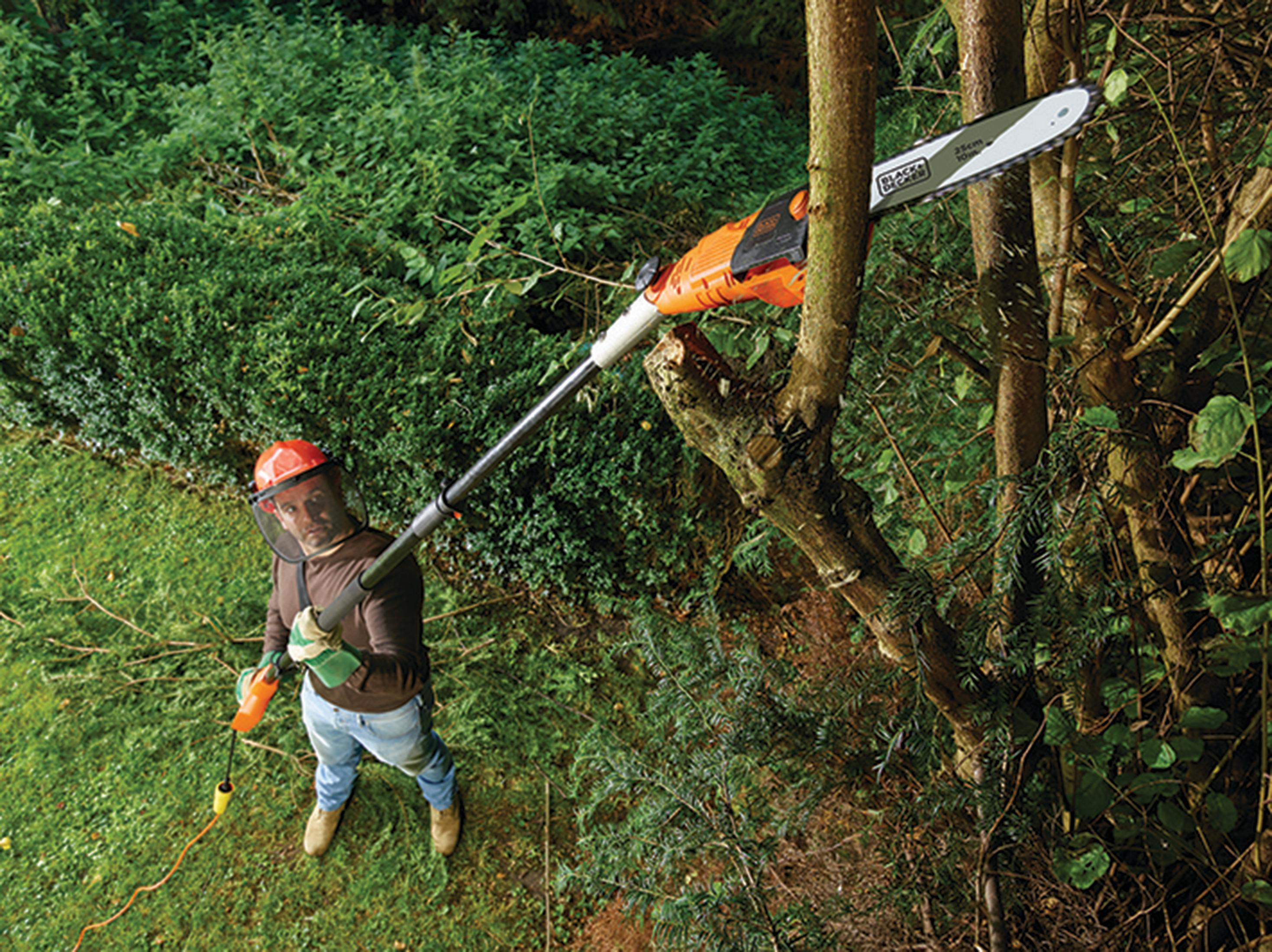 Osoba w kasku i sprzęcie ochronnym używa piły na wysięgniku do cięcia gałęzi drzewa.