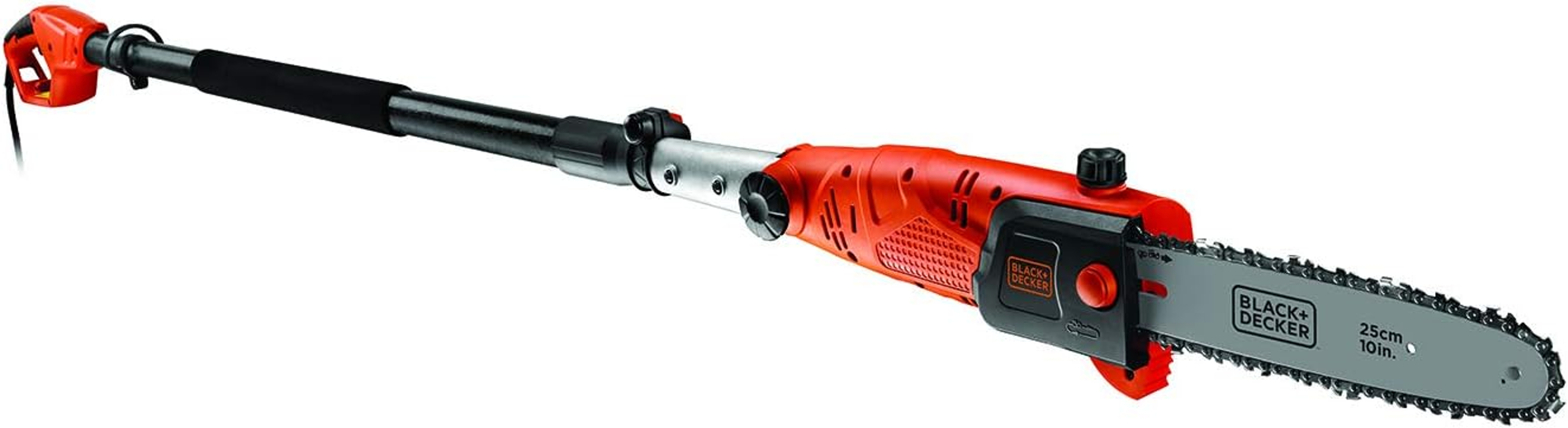 Zbliżenie piły na wysięgniku, pokazujące ostrze i pomarańczową jednostkę zasilającą.