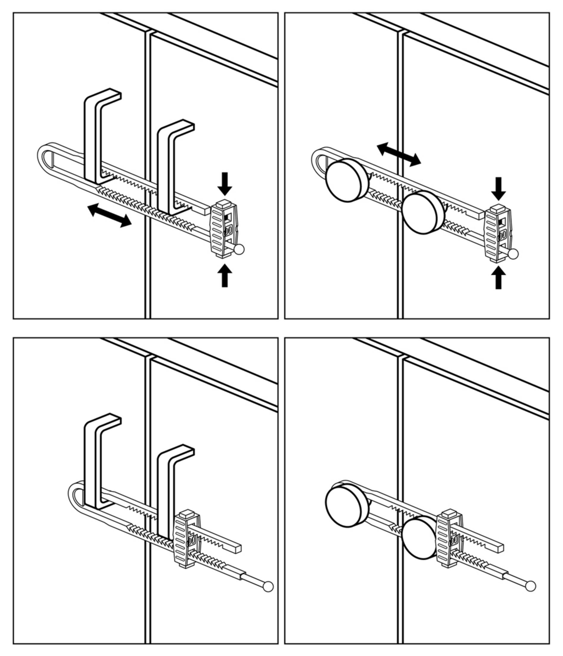 Vier Schwarz-Weiß-Diagramme, die zeigen, wie man ein Kindersicherheitsschloss an Schränken anbringt.