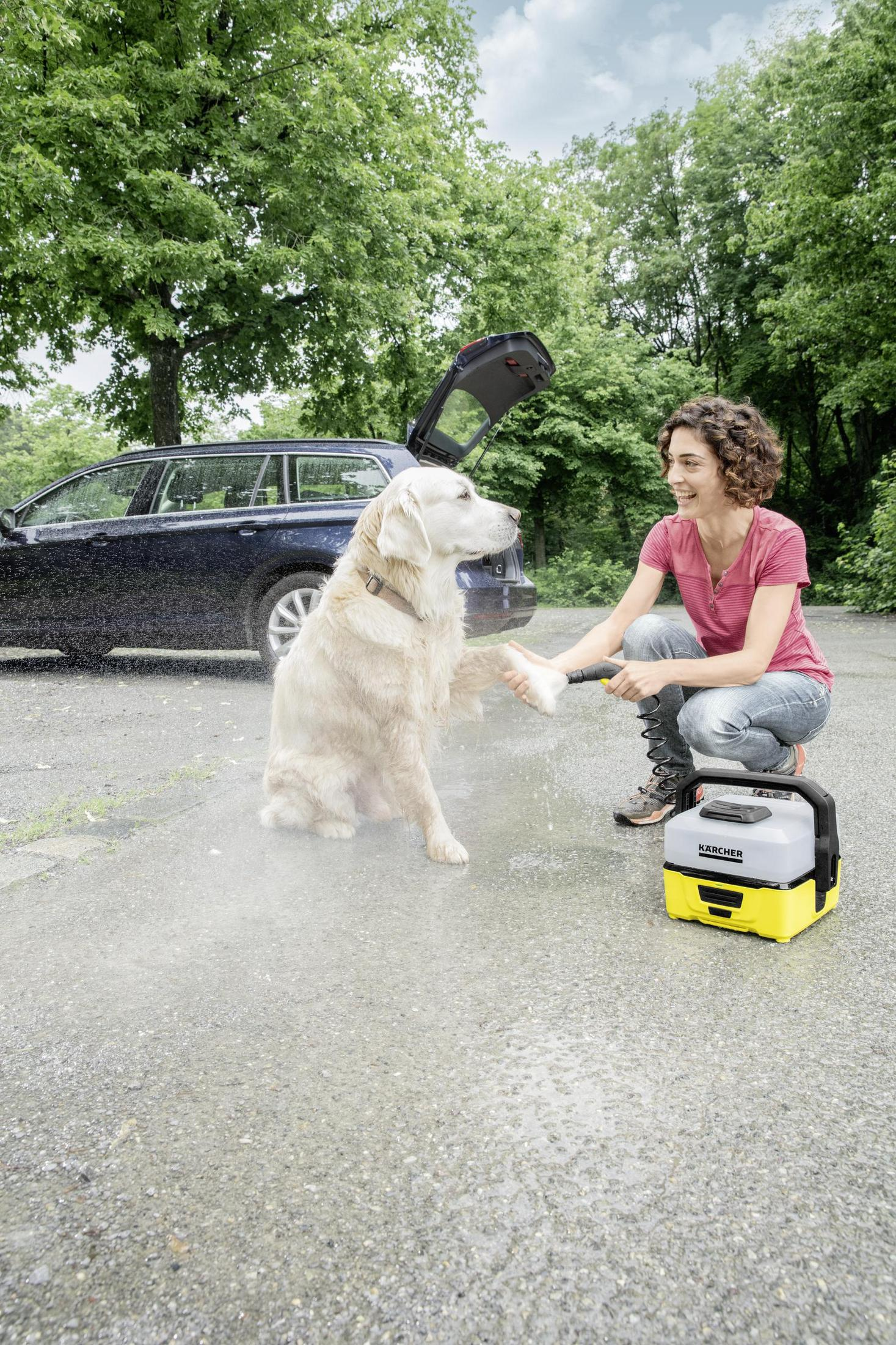 Donna che lava la zampa del cane all'esterno accanto a un'auto nera con un'idropulitrice portatile.