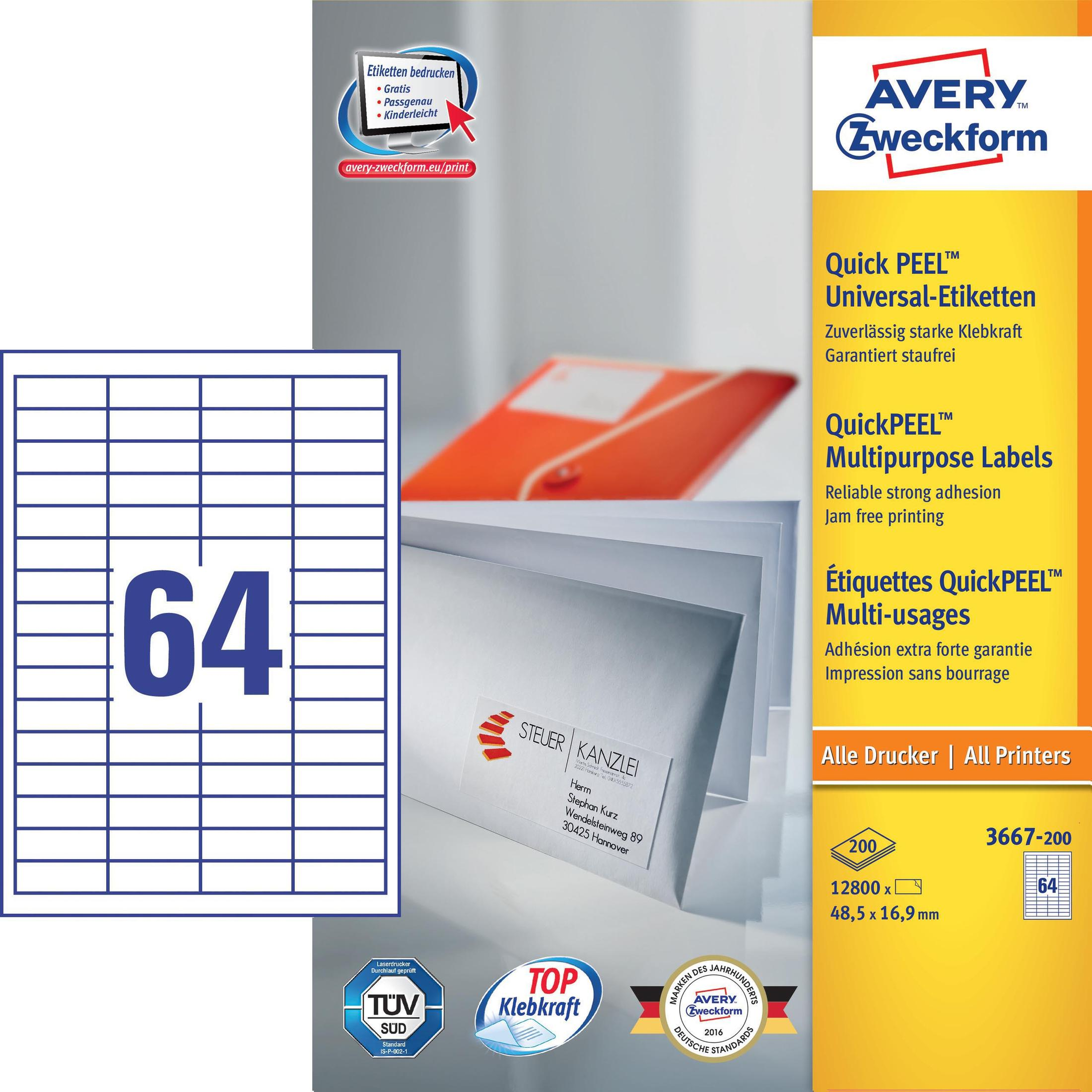 Avery Zweckform Universal-Etiketten mit 64 Etiketten pro Blatt und Anwendungshinweisen.
