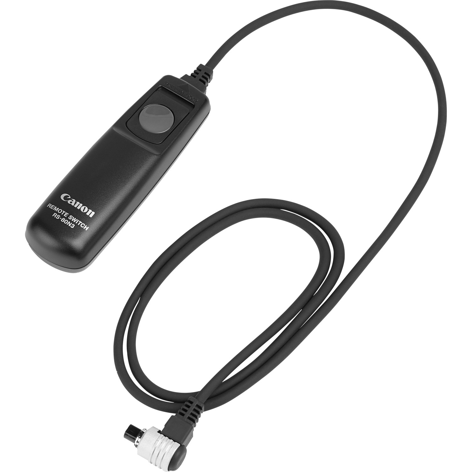 Een Canon afstandsbediening met een kabel wordt getoond. De afstandsbediening heeft een sluitervergrendeling en een zwarte knop.