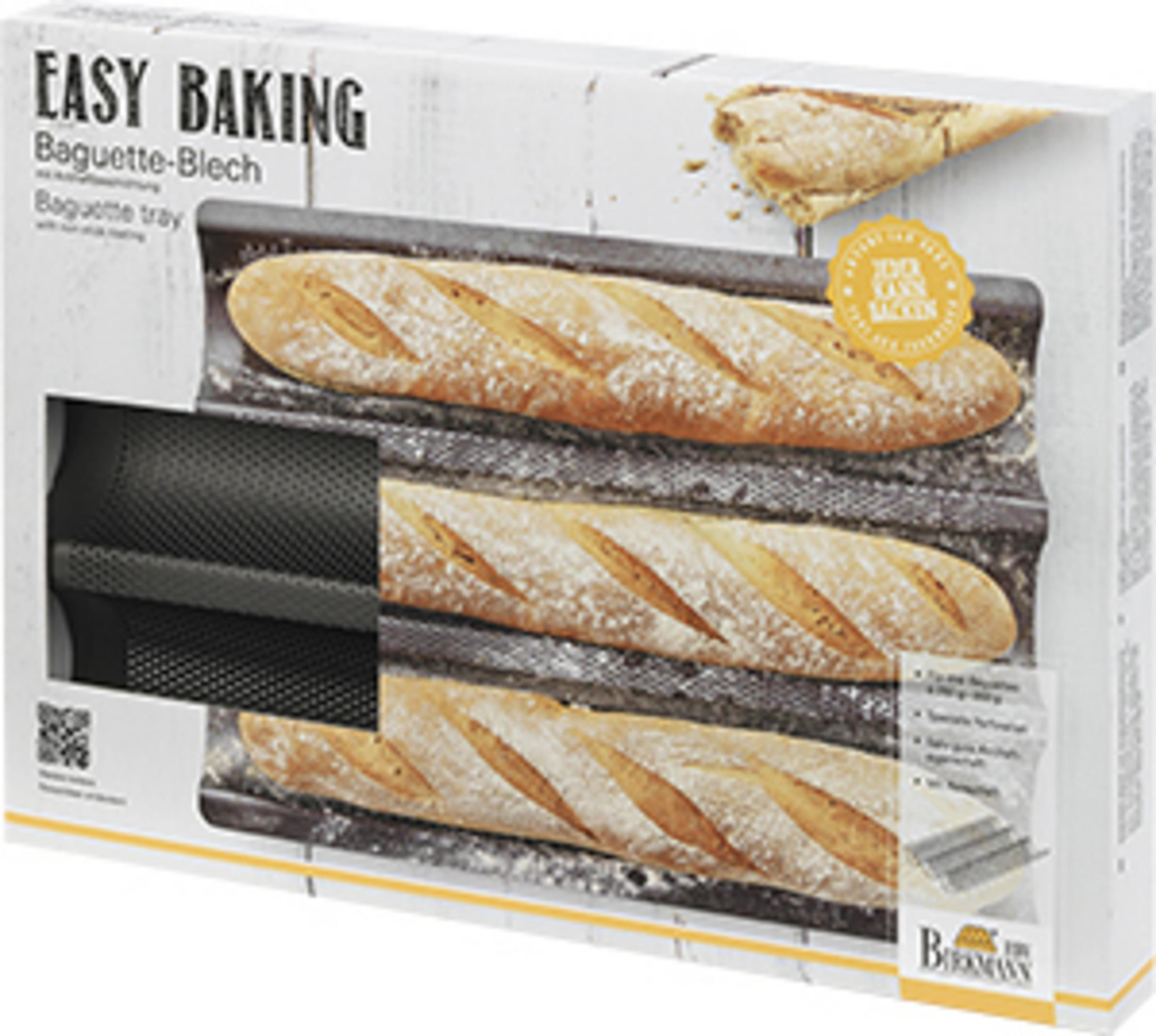 Eine Packung Easy Baking Baguette-Blech, die drei Baguettes zeigt.