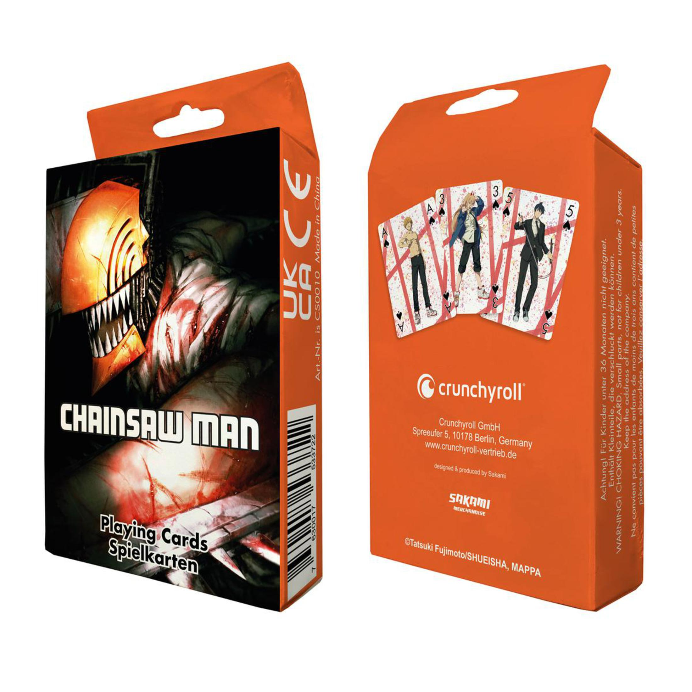 Spielkartenbox mit Chainsaw Man-Figur. Orangefarbene Box mit einer Figur auf der Vorderseite und Kartendetails auf der Rückseite.