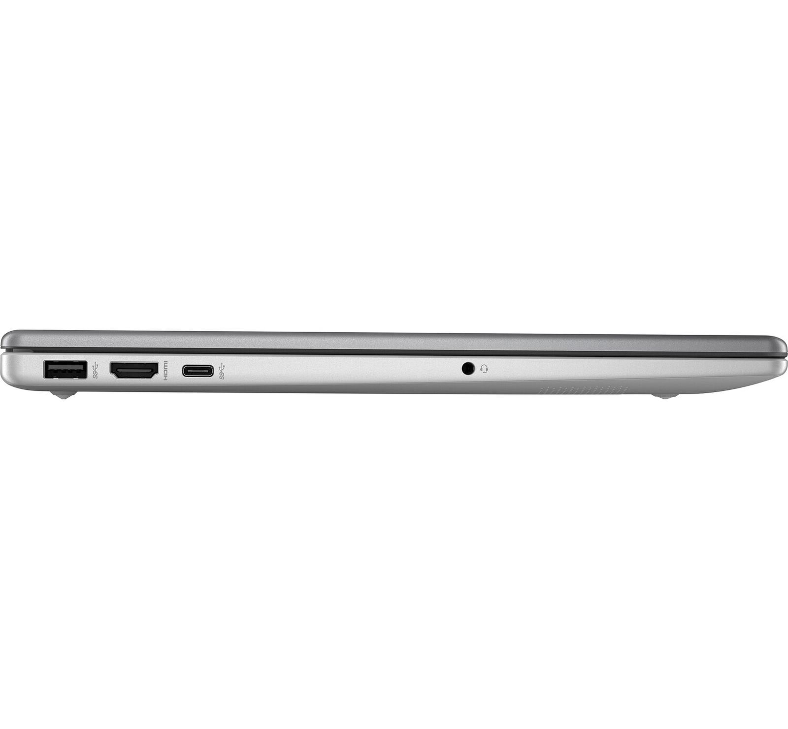 Seitenansicht eines geschlossenen silbernen Laptops mit Anschlüssen für USB, HDMI und Kopfhöreranschluss.