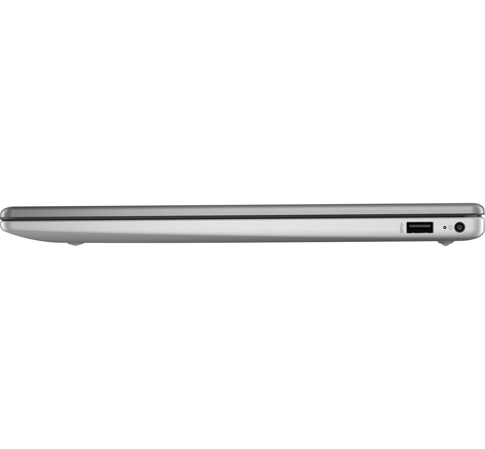 Seitenansicht eines geschlossenen silbernen Laptops mit Anschlüssen für Strom, USB und Kopfhöreranschluss.
