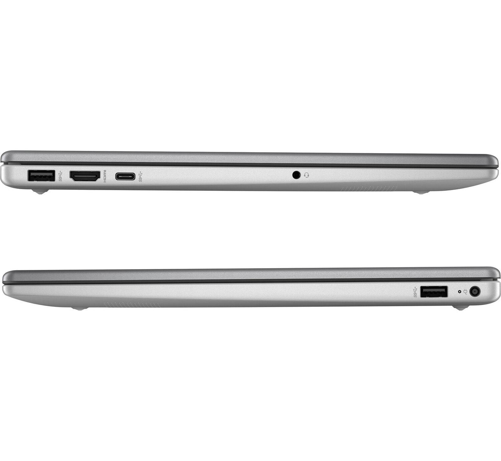 Zwei Seitenansichten eines geschlossenen silbernen Laptops mit Anschlüssen für Strom, USB, HDMI und Kopfhöreranschluss.