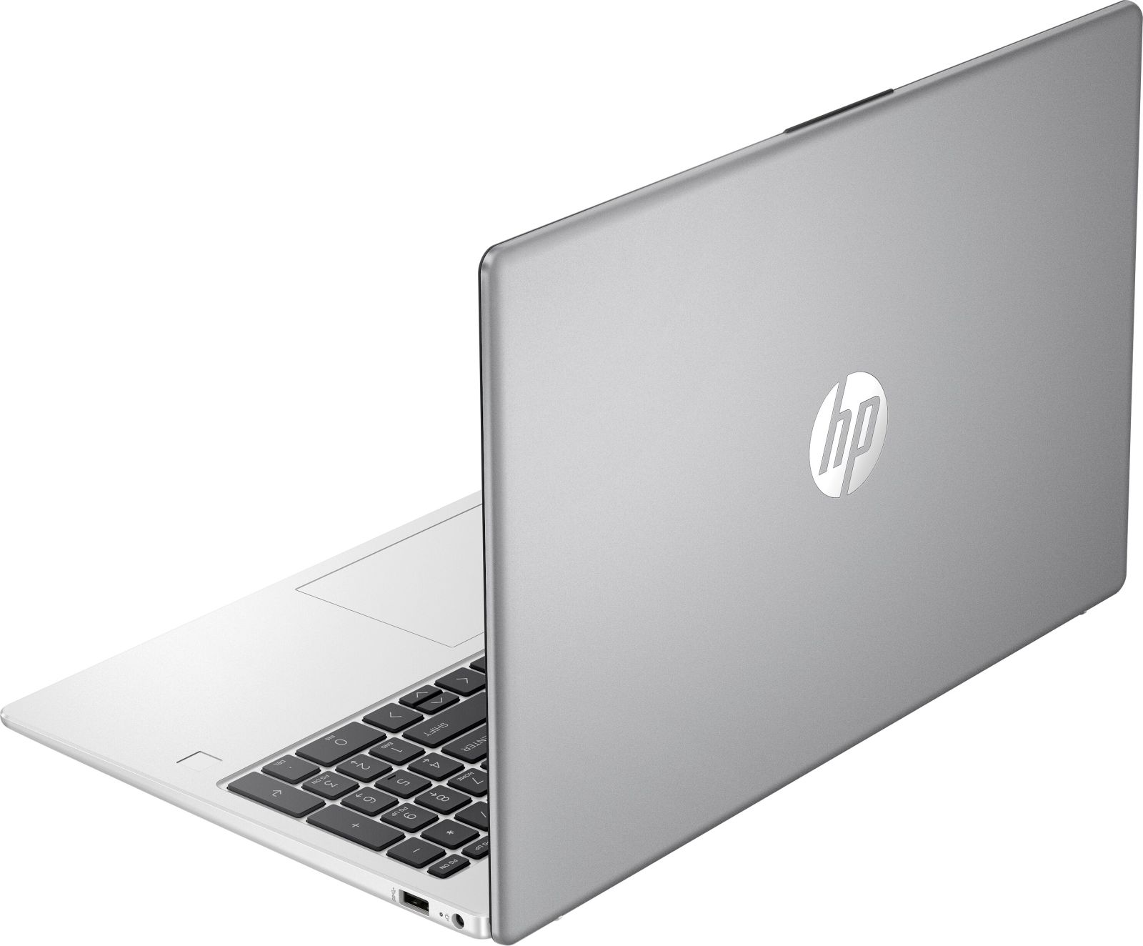 Silberner HP-Laptop, Ansicht aus einem Winkel, der das HP-Logo und die Tastatur zeigt. Fokus auf Logo und Tastatur.