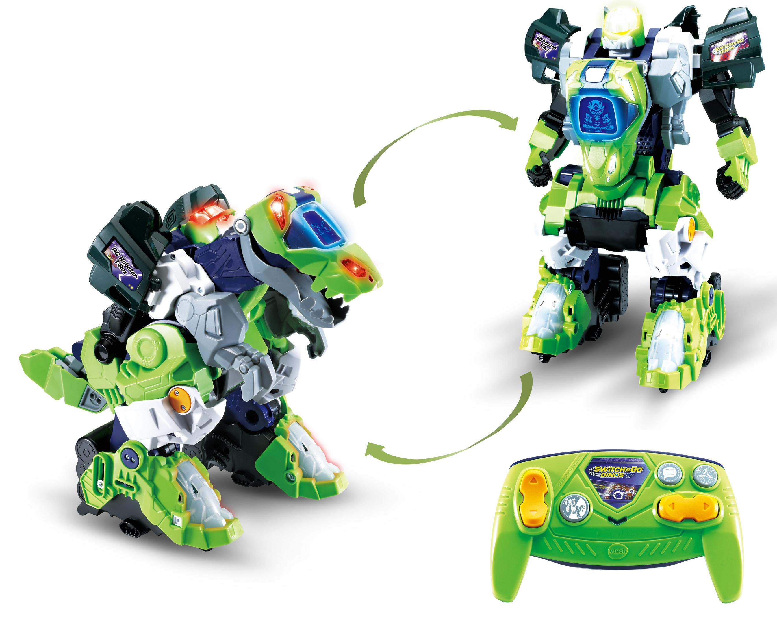 Ein grüner Dinosaurierroboter verwandelt sich in einen grünen Roboter, der von einer grünen Fernbedienung auf weißem Hintergrund gesteuert wird.
