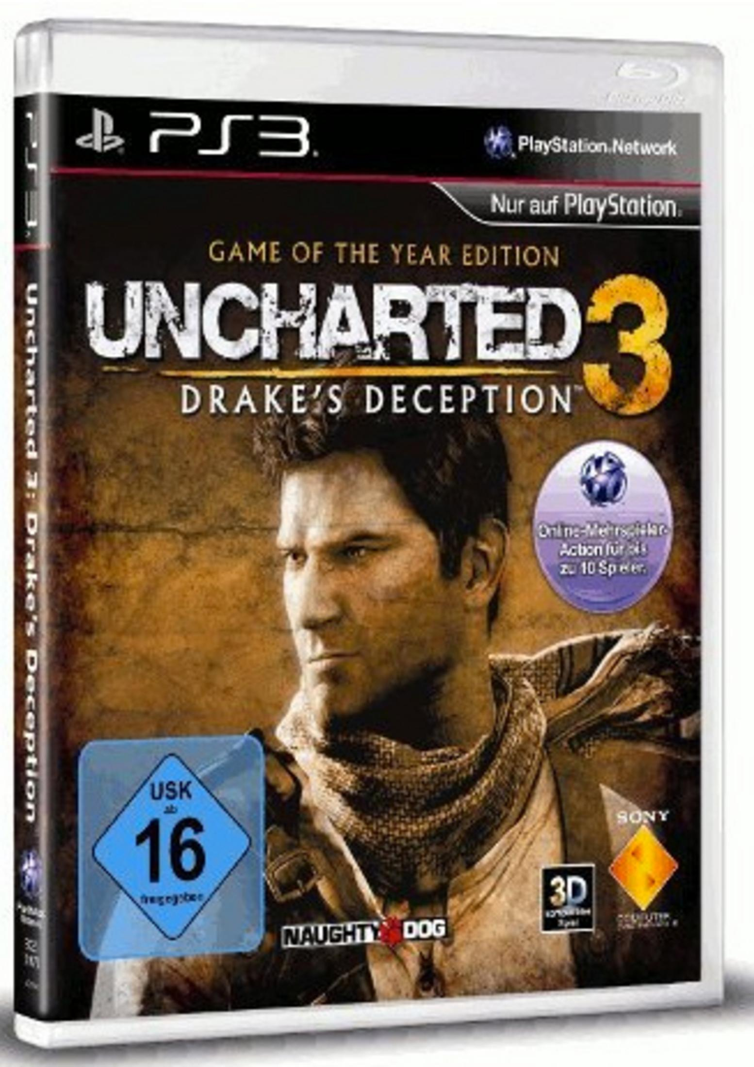 Uncharted 3: Drake's Deception Game of the Year Edition für PlayStation 3, mit Nathan Drake auf dem Cover.
