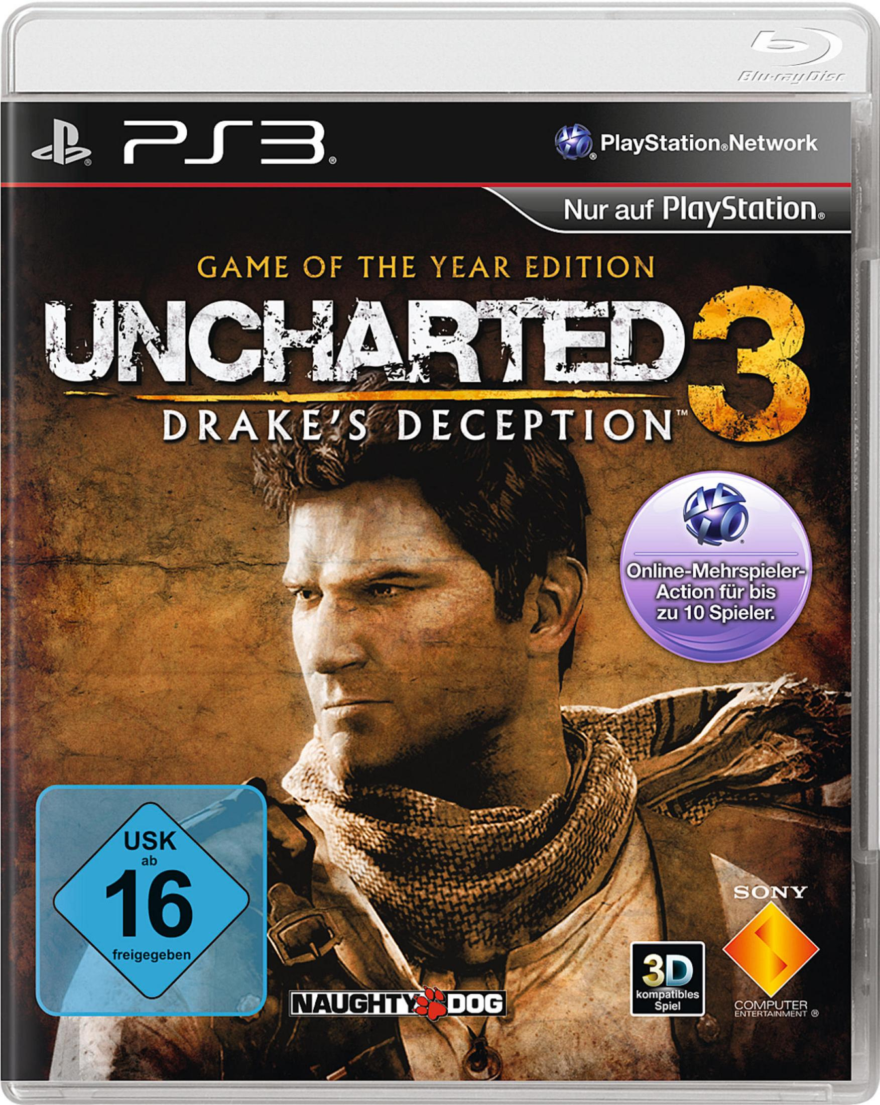 Uncharted 3: Drake's Deception Game of the Year Edition für PlayStation 3, mit Nathan Drake auf dem Cover.